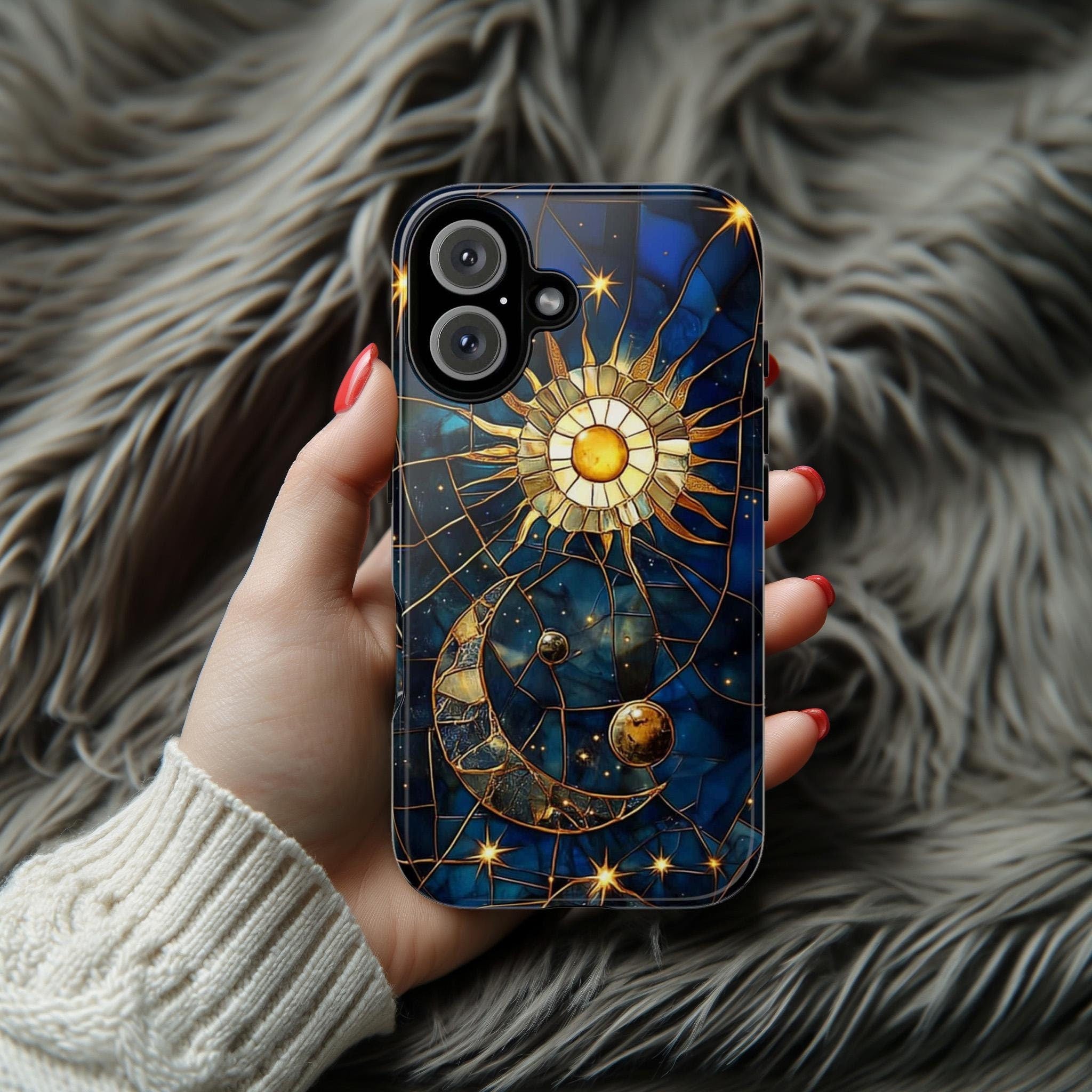 Celestial Stained Glass Print Moon and Stars Phone Case, Mystic Starry Night Cover for iPhone 16, 15, 14, 13 Magsafe & Samsung, Pixel, 432.5