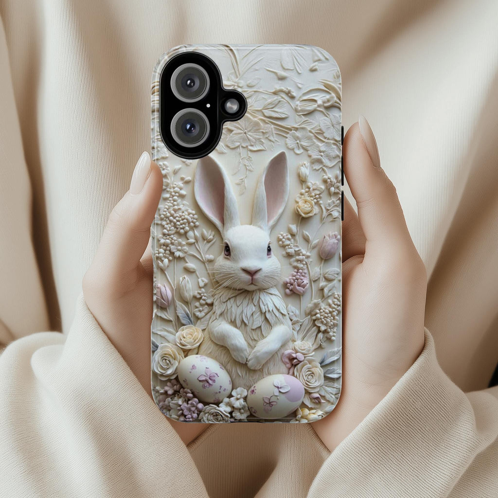 3D Easter White Bunny & Egges Phone Case, Spring Design, Cute Pastel Easter Rabbit Case for iPhone 16 15 14 13 Magsafe, Samsung S25, 464.2