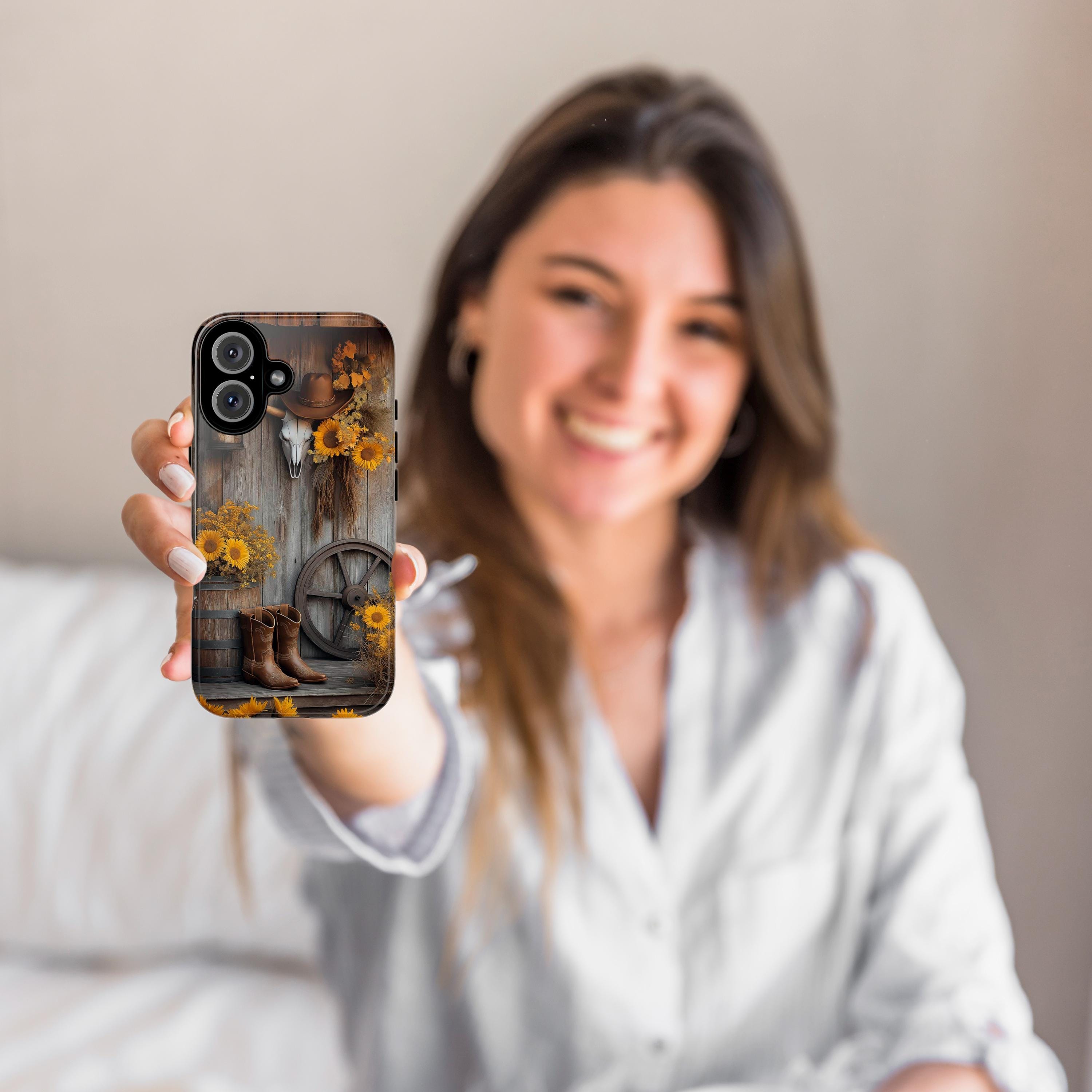 Rustic Western Style Phone Case, Sunflower Phone Case, Cow Skull Vintage Farmhouse Phone 16 15 14 13 Pro Max Plus, Samsung S24, 460.1