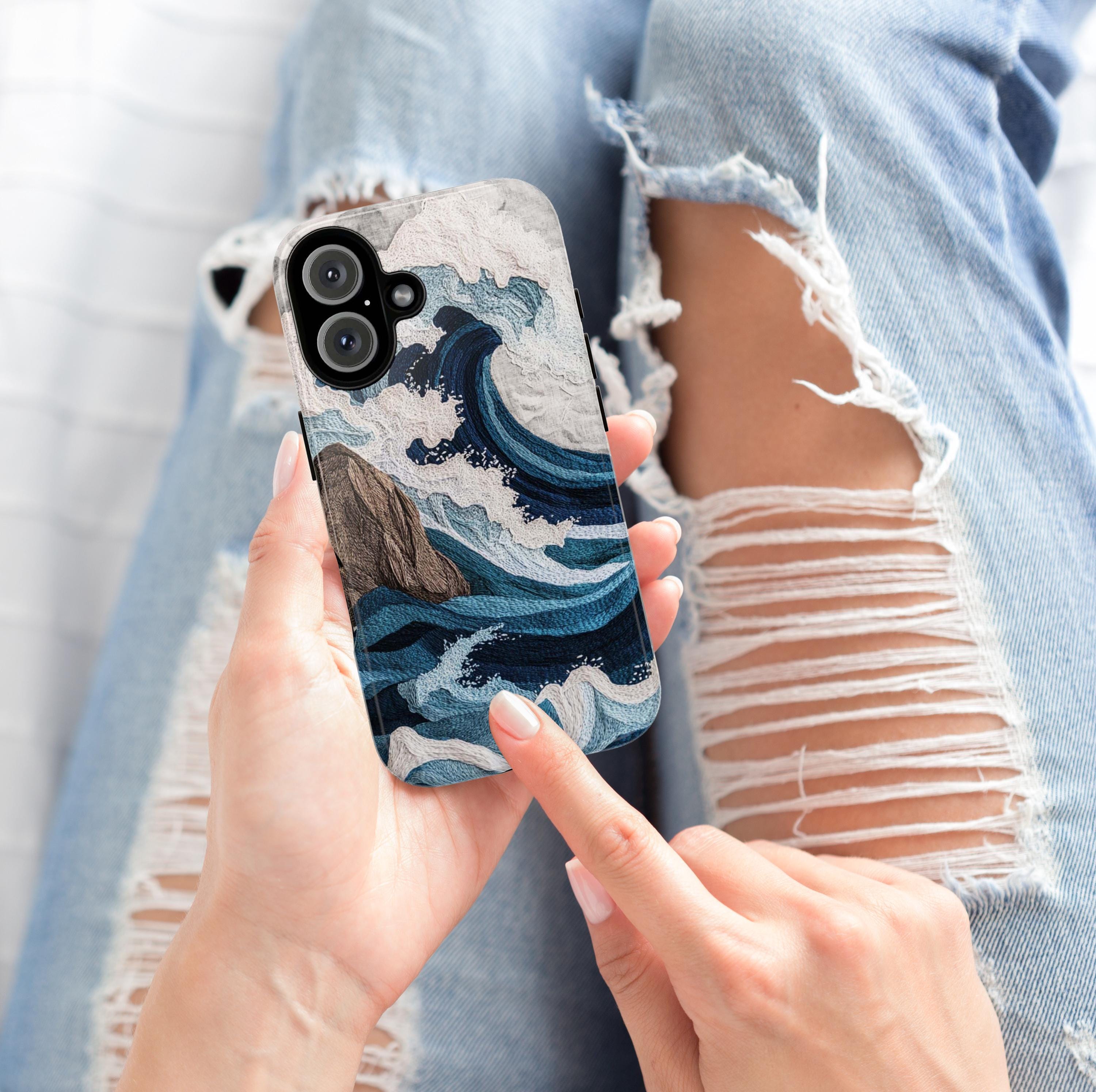 Ocean Waves Embroidery 3D Phone Case, Cozy Marine Life Design, Fine Art Aesthetic Phone Case for iPhone 16 15 14 13 / Samsung S24, 453.5