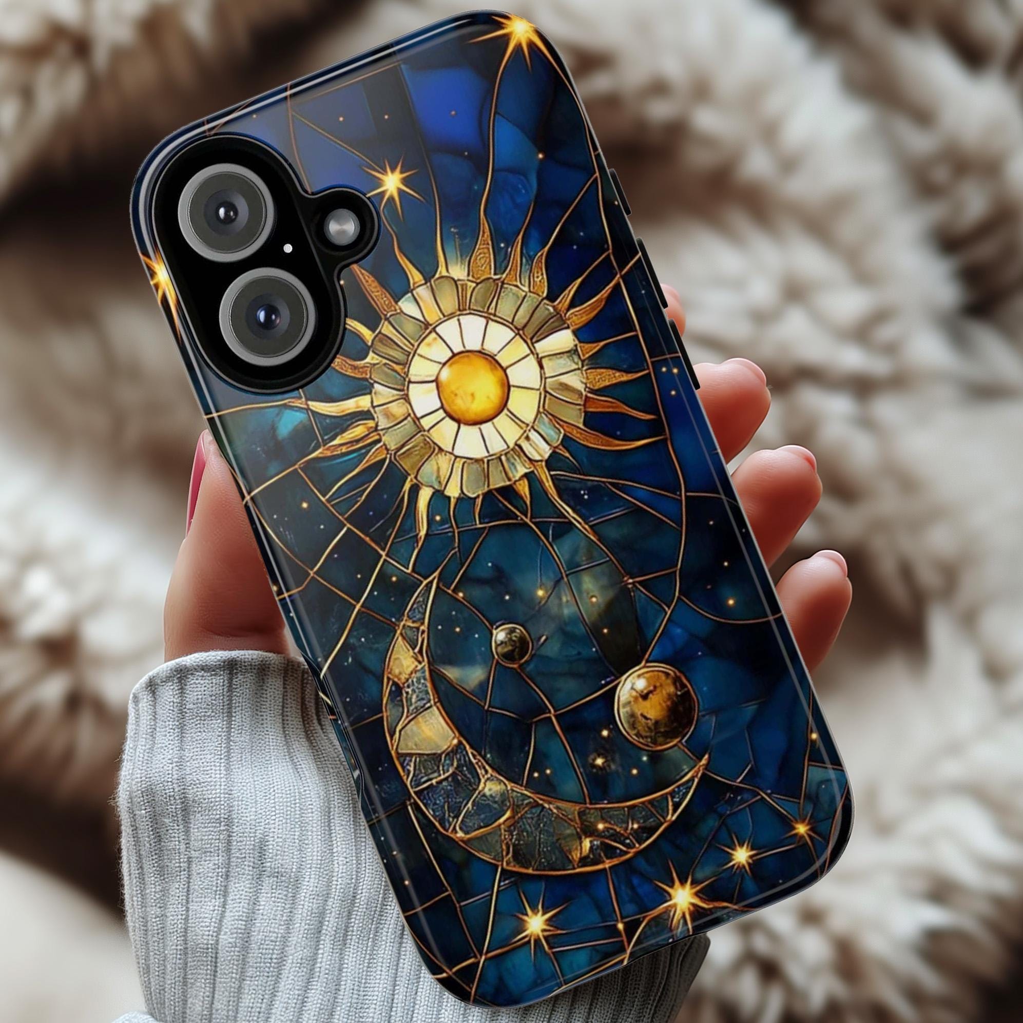 Celestial Stained Glass Print Moon and Stars Phone Case, Mystic Starry Night Cover for iPhone 16, 15, 14, 13 Magsafe & Samsung, Pixel, 432.5