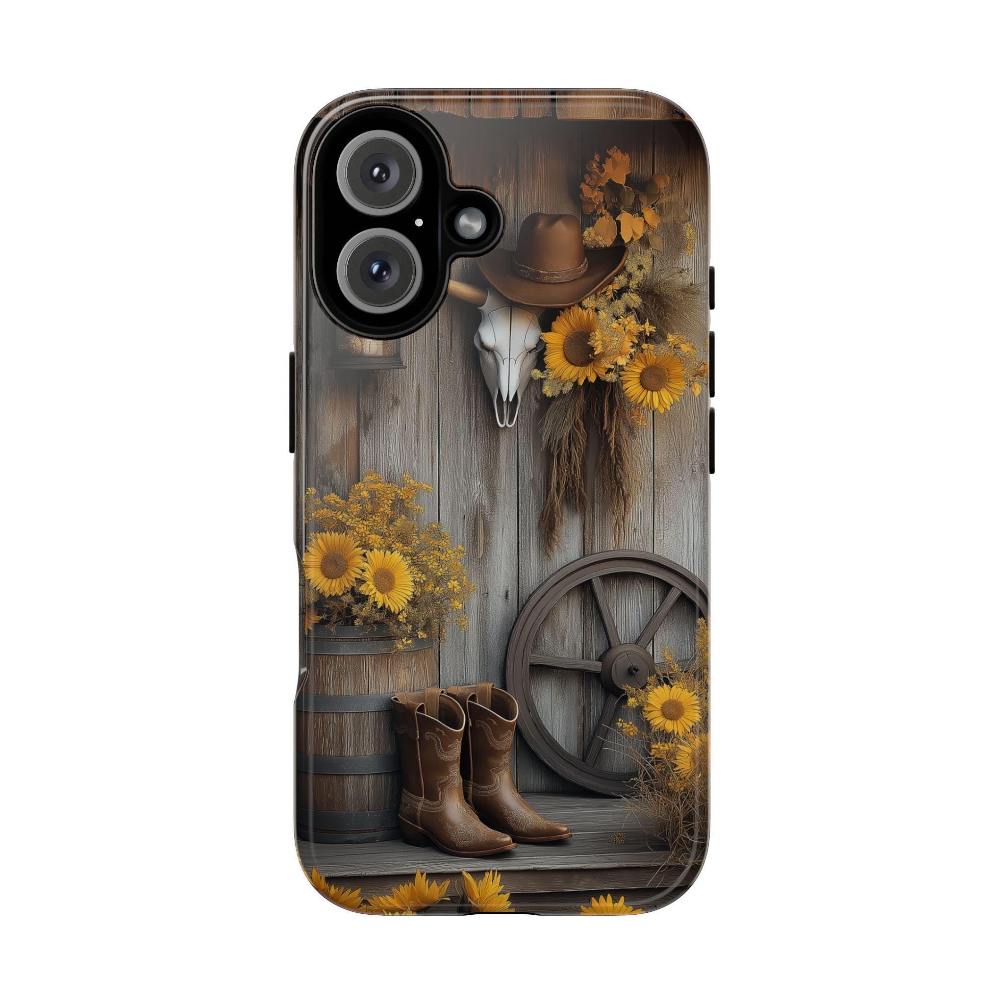 Rustic Western Style Phone Case, Sunflower Phone Case, Cow Skull Vintage Farmhouse Phone 16 15 14 13 Pro Max Plus, Samsung S24, 460.1