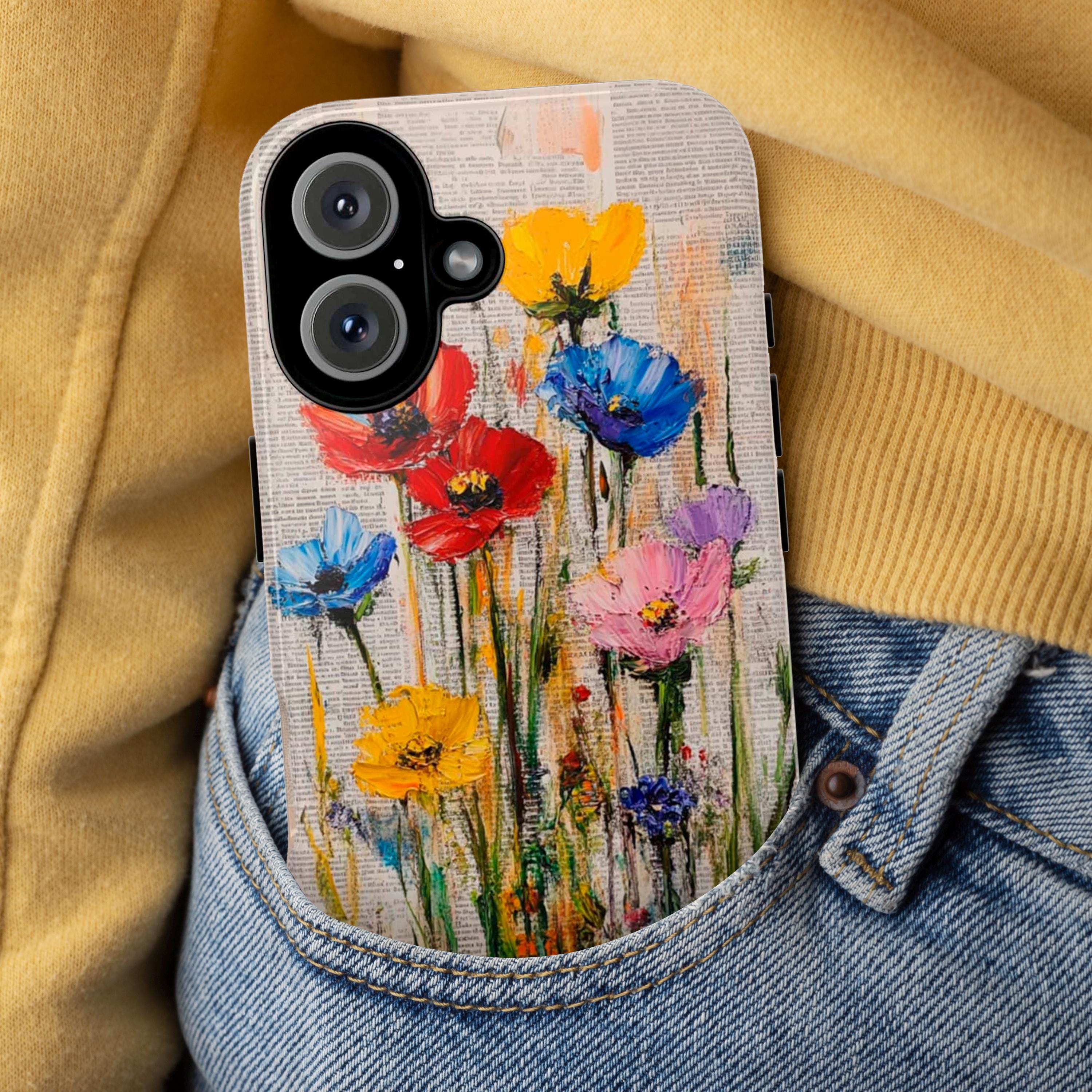 Rustic French Style Phone Case with Old Newspaper Background and Painted Floral Design for iPhone Tough or Magsafe, Samsung, 477.3