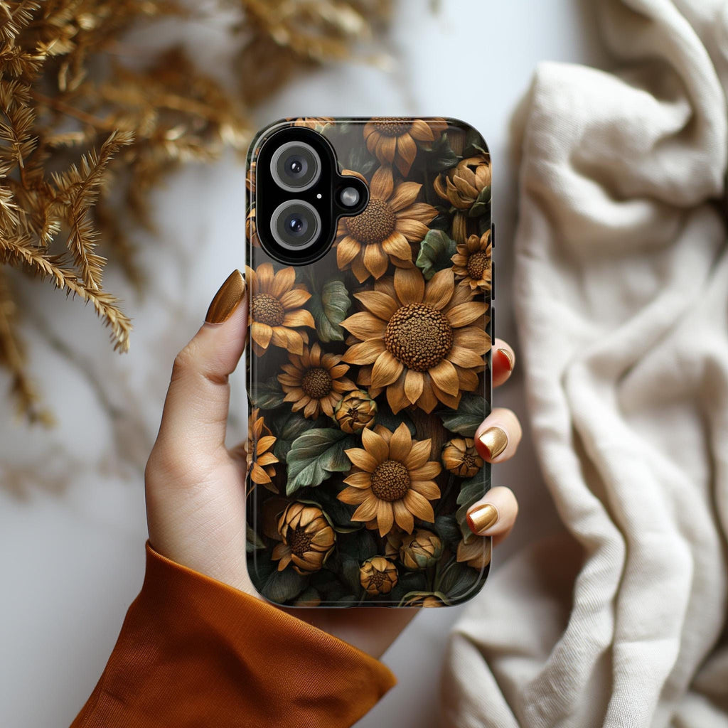 3D Sunflowers Wood Carved Flowers Phone Case, Floral Artistic Protective Cover for iPhone 16, 15, 14, 13 Magsafe & Samsung, Pixel, 439.38