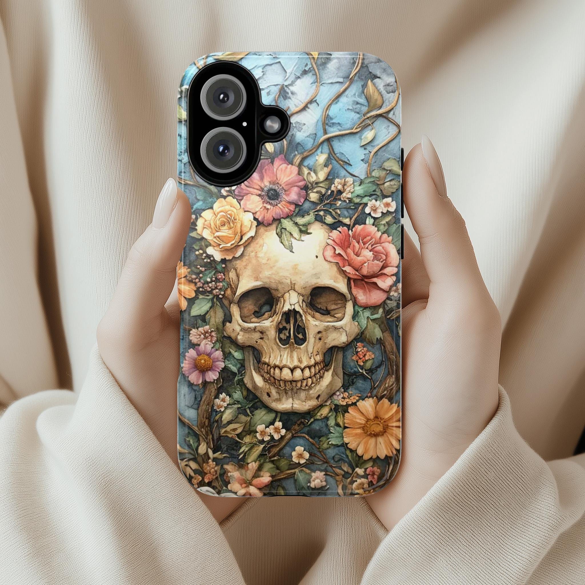 Anatomy Floral Skeleton Dia de los Muertos Phone Case, Anatomical Art Flowers & Skeleton Phone Cover for iPhone 16, Samsung S24, 435.6