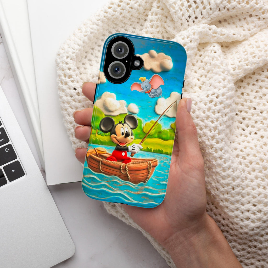 Mickey Mouse & Dumbo Fishing Phone Case, Cute Disney Cartoon Boat Scene Phone Cover for iPhone 16, 15, 14 Tough or Magsafe, Samsung, 442.49