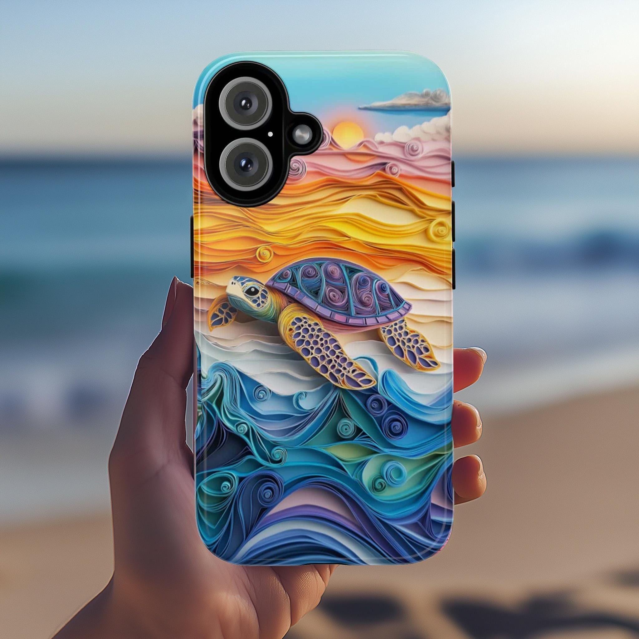 Sea Turtle Phone Case, Vibrant Rainbow Ocean & Sunset Quilling-inspierd Art Cover for iPhone 16 15 Tough or Magsafe, Samsung S25, 455.18