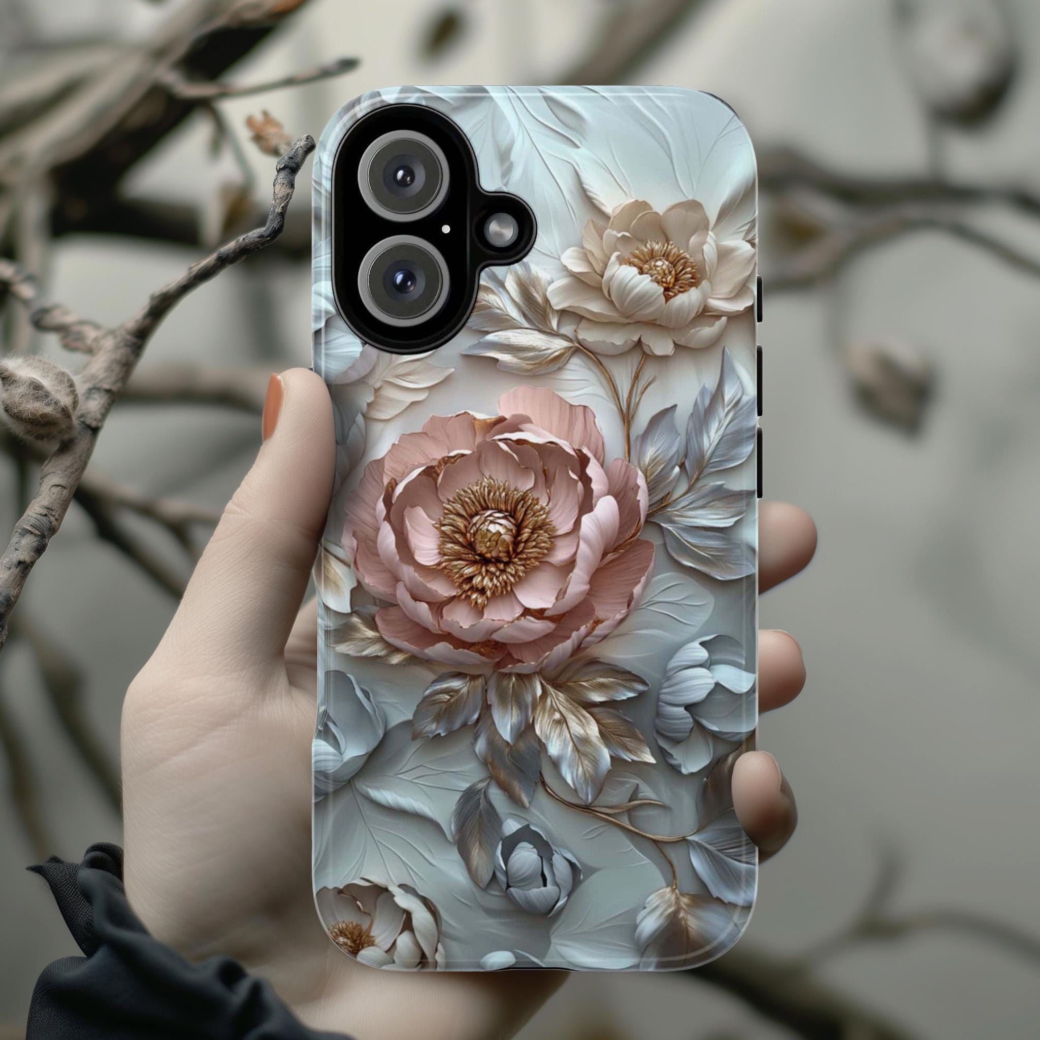 3D Pastel Peonies Flowers Phone Case, Boho Floral Artistic Protective Cover for iPhone 16, 15, 14, 13 Tough or Magsafe, Samsung, 439.36