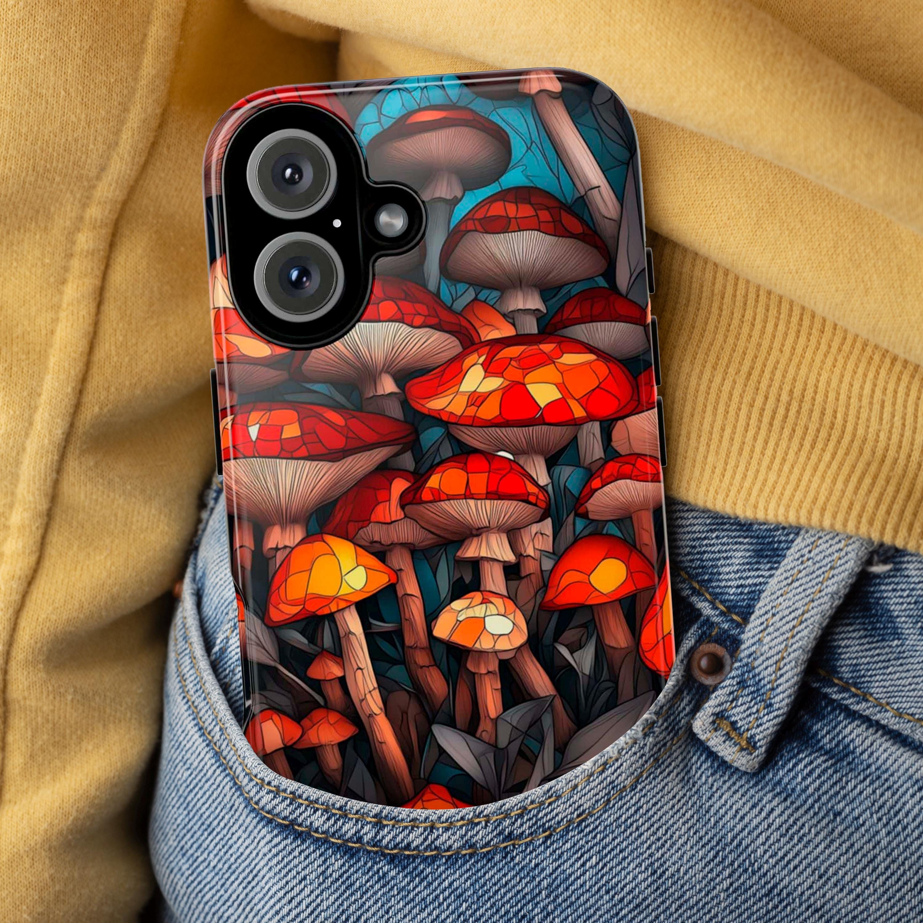 Stained Glass Autumn Mushrooms in the Forest Phone Case, Fall Vibrant Colorful Mosaic Art Cover for iPhone 16 15 14, Samsung Galaxy, Pixel