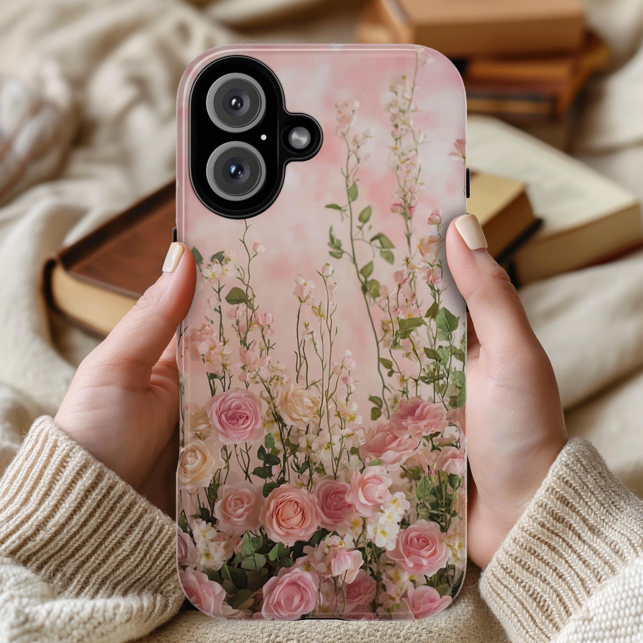 Pink Floral Art Phone Case, Roses Blossom Design Floral Case iPhone 16 15 14 13 Pro Max Plus Magsafe, Samsung S25 S24, 428.22