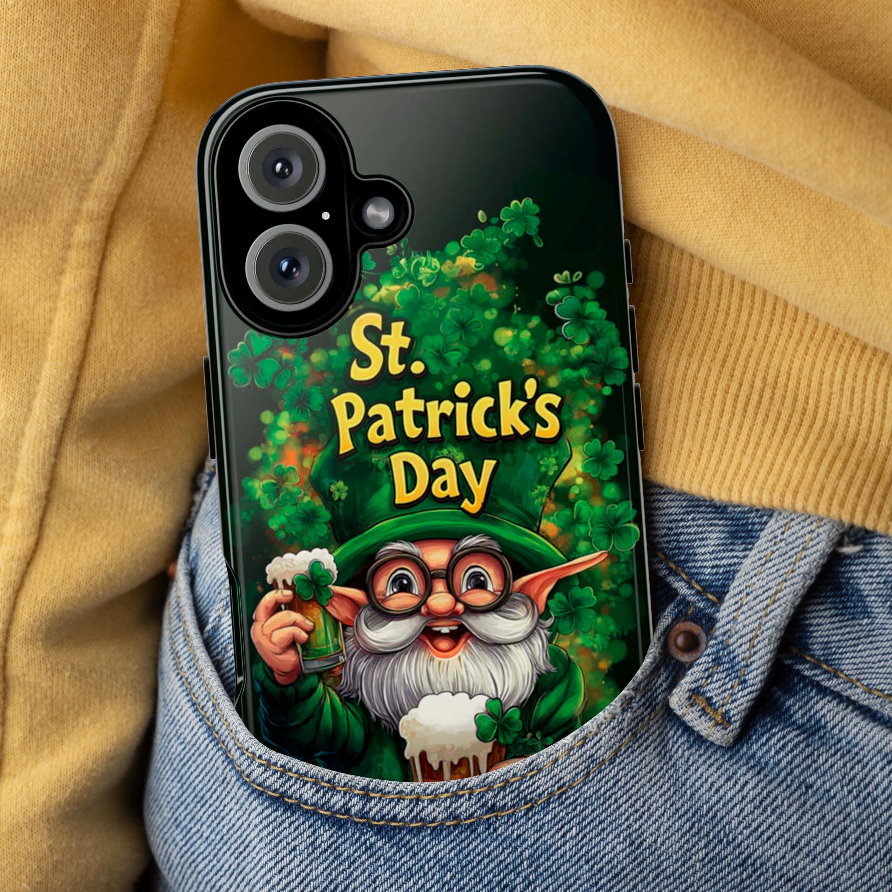 St. Patrick's Day Phone Case with Cute Gnome and Shamrocks, Lucky Irish Inspired Cover for iPhone 16, 15, Samsung Galaxy S24, 457.2