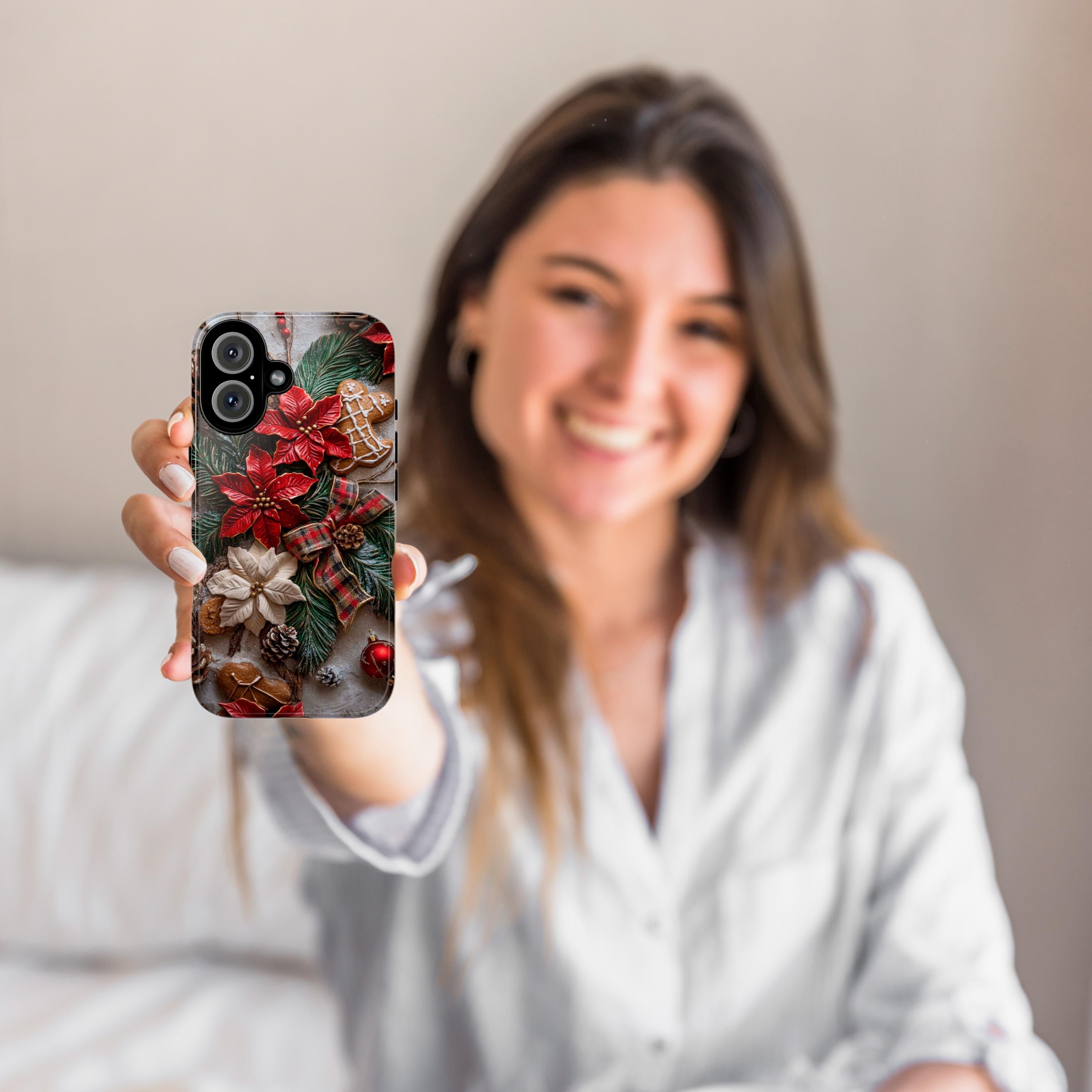 Xmas 3D Poinsettia Floral Phone Case, Holiday Red Green Brown light glitter effect for iPhone 16 15 14 13 Magsafe Plus, Samsung S24, 437.3