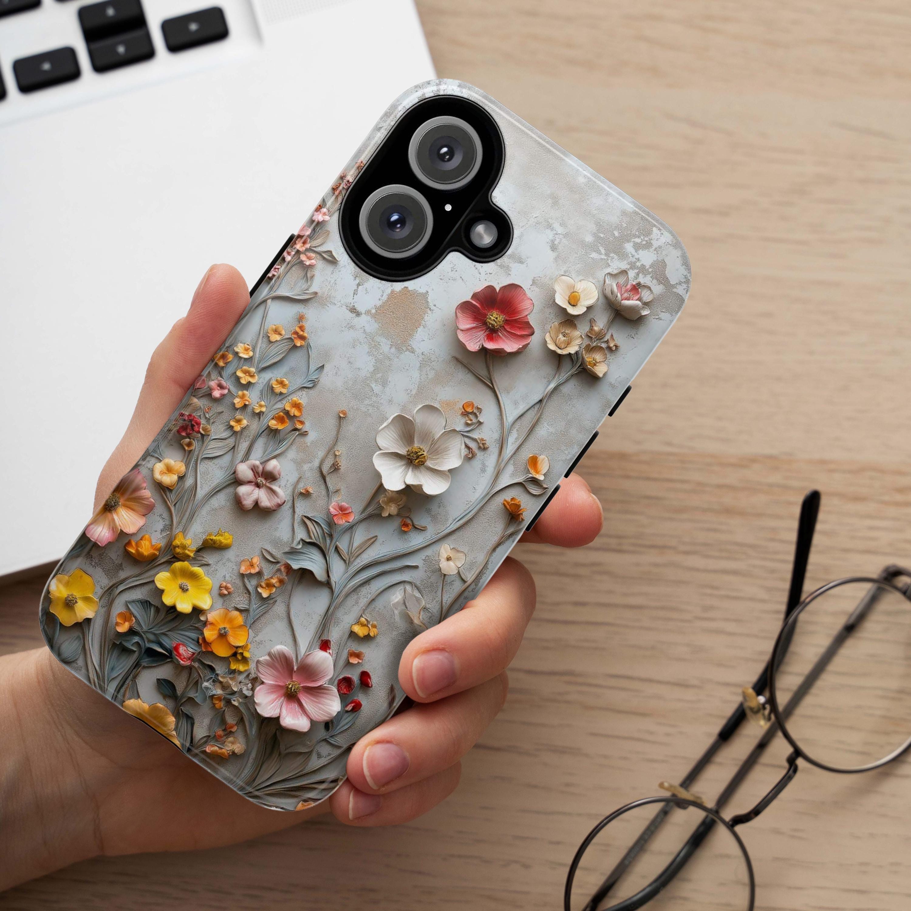 3D Meadow Floral Phone Case, Pastel Wildflowers Design, Cottagecore Style Fine Art Phone Case for iPhone 16 15 14 13 / Samsung S24, 439.16
