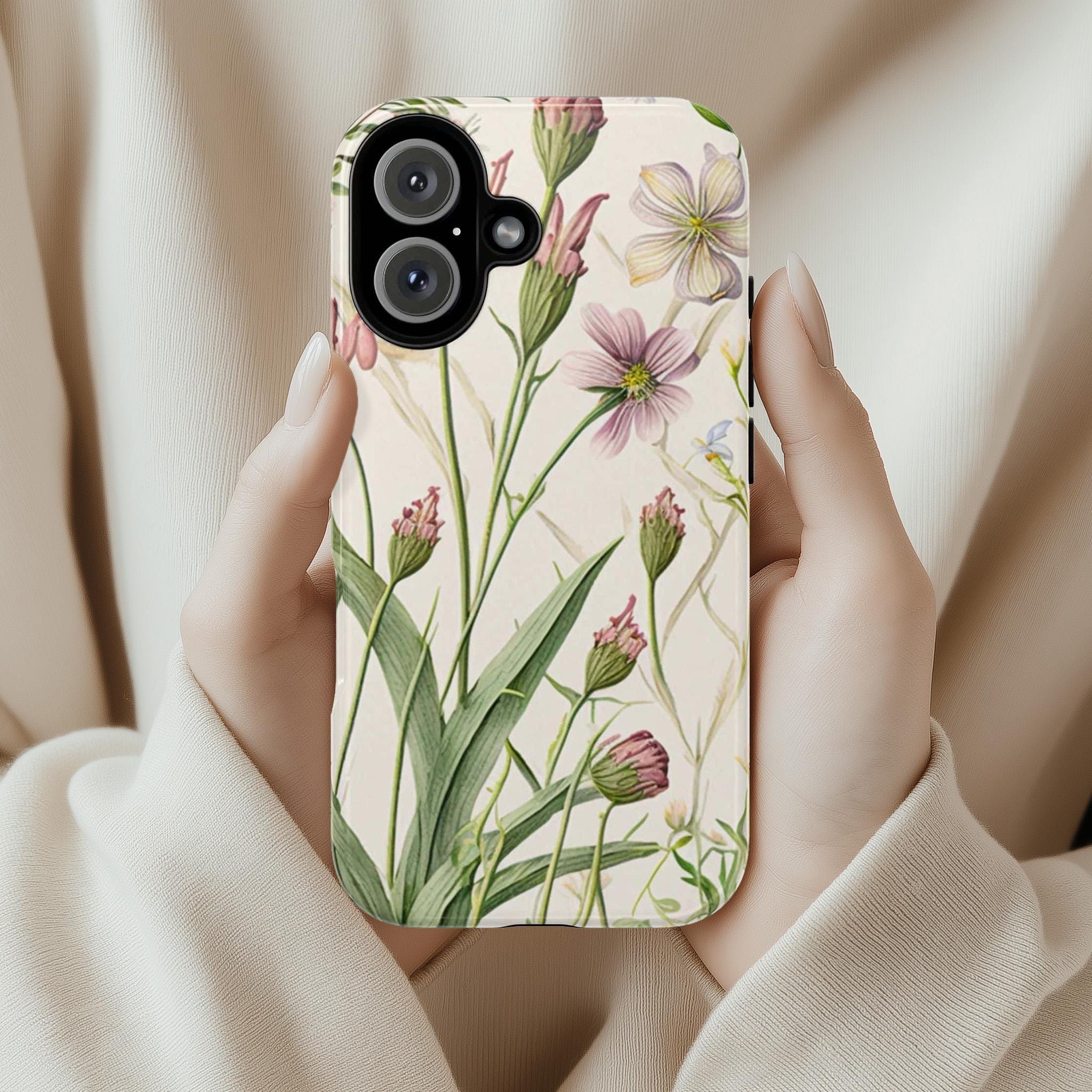 Botanical Floral Phone Case, Wild Flowers Spring Vibes Phone Cover with Ghost Leaves for iPhone 16 15 Pro Max Plus/Samsung S25, 0014.4