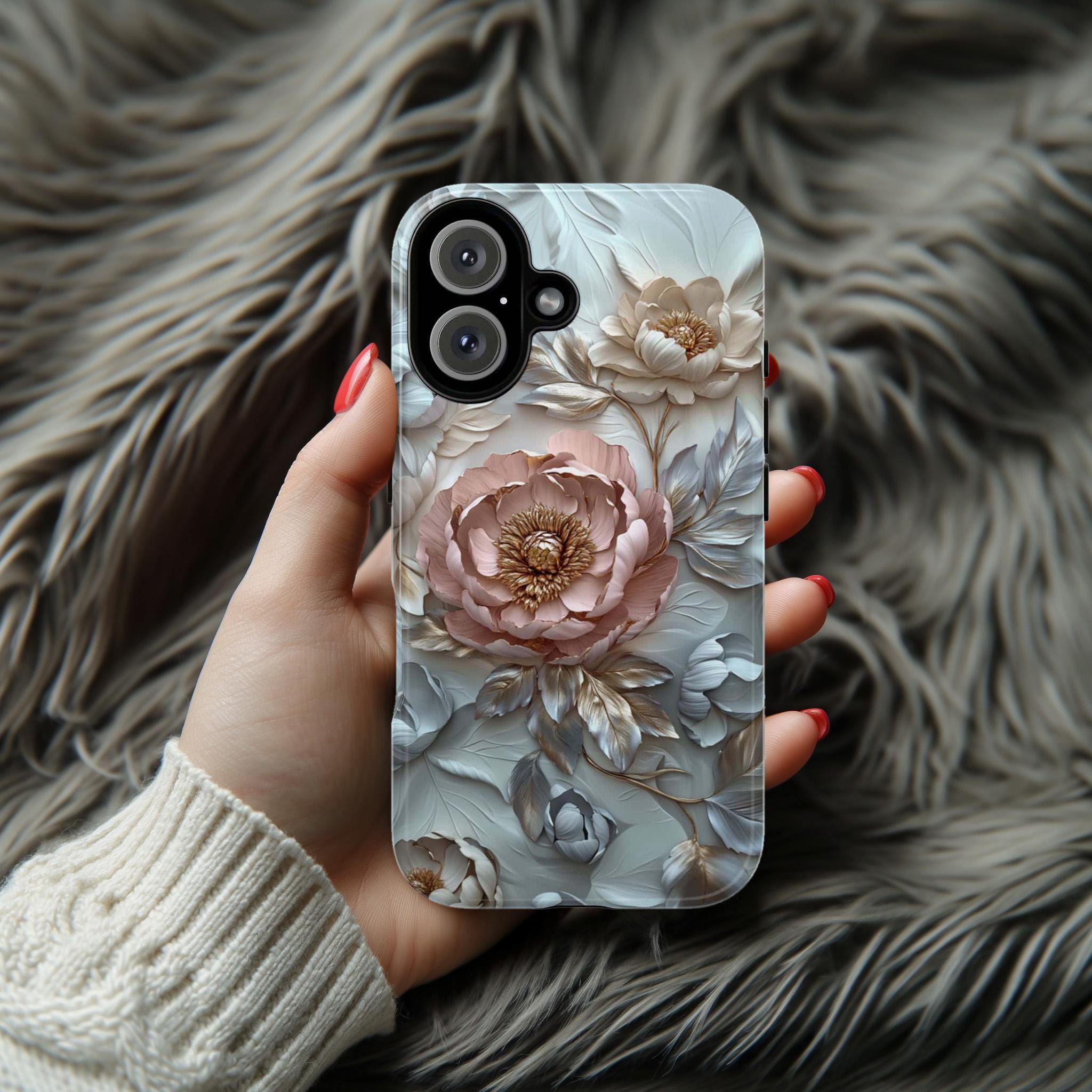 3D Pastel Peonies Flowers Phone Case, Boho Floral Artistic Protective Cover for iPhone 16, 15, 14, 13 Tough or Magsafe, Samsung, 439.36