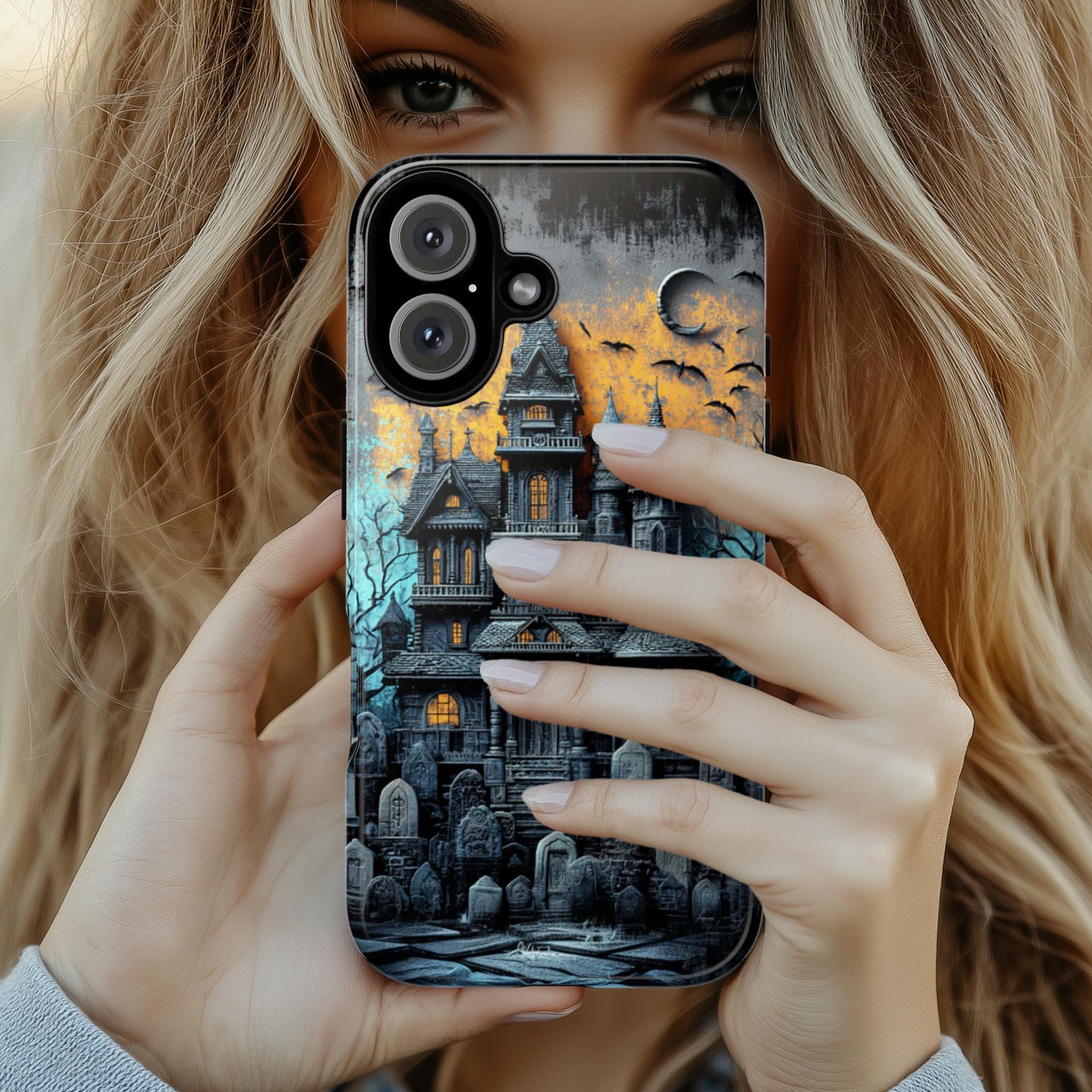 Halloween Haunted House Phone Case, Creepy Gothic Horror Phone Cover, Spooky Lovers for iPhone 16 15 14 13 Tough or Magsafe, Samsung, 475.8