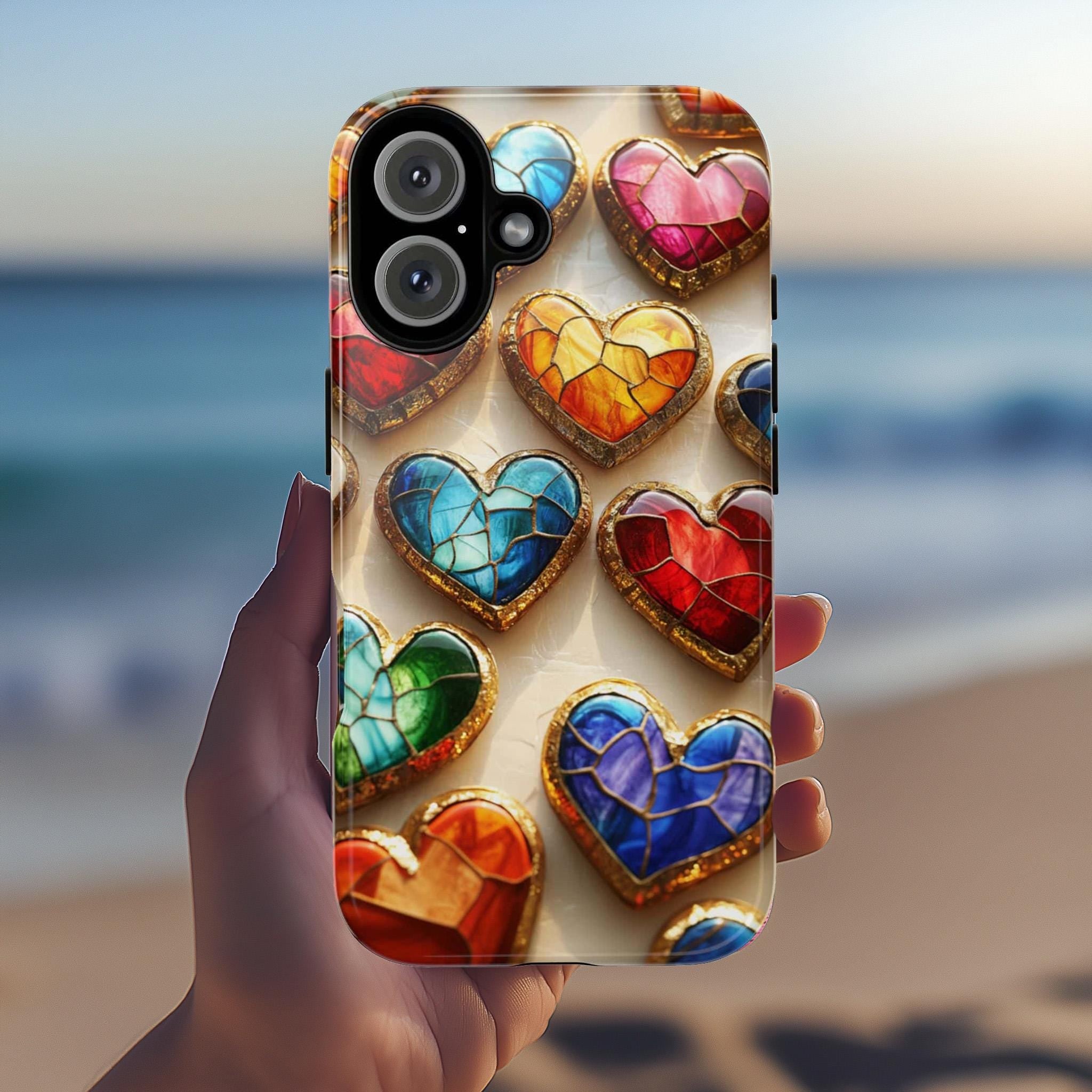 Stained Glass Colorful Hearts Phone Case, 3D Design, Perfect for Valentines Day Gift, Artistic Case for iPhone Magsafe, Samsung, 462.3