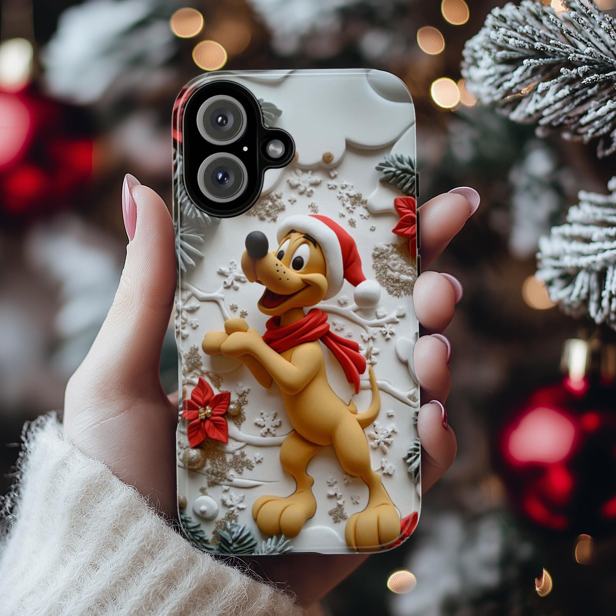 Xmas Disney 3D Phone Case, Cartoon Santa Pluto Dog Case, Disney Christmas Snowy Forest Case for iPhone 16 15 Magsafe, Samsung S24, 442.21