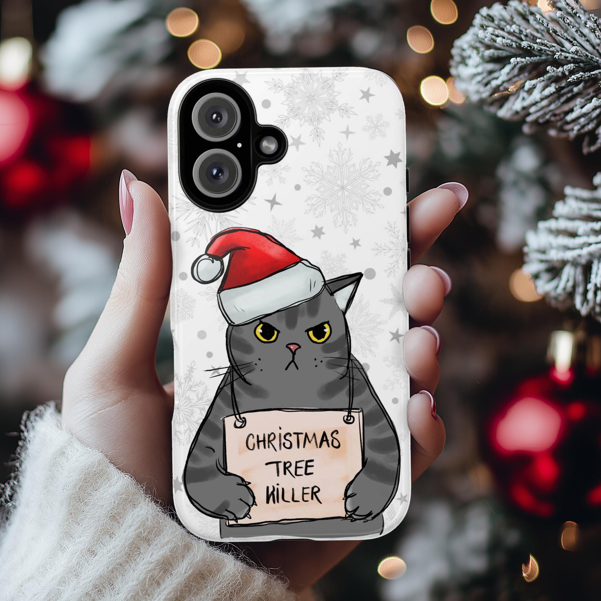 Christmas Tree Killer Phone Case, Meowy Catmas Phone Cover, Cat Lover Case for iPhone 16 15 14 13 Pro Max Plus, Samsung S25, 172