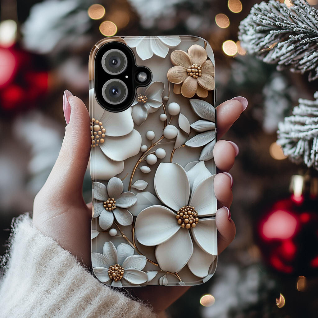 Pastel 3D Floral Art Phone Case, Beige Bloom 3D Design, Floral Garden Case for iPhone 16 15 14 13 Pro Max Plus Magsafe, Samsung S24, 439.4