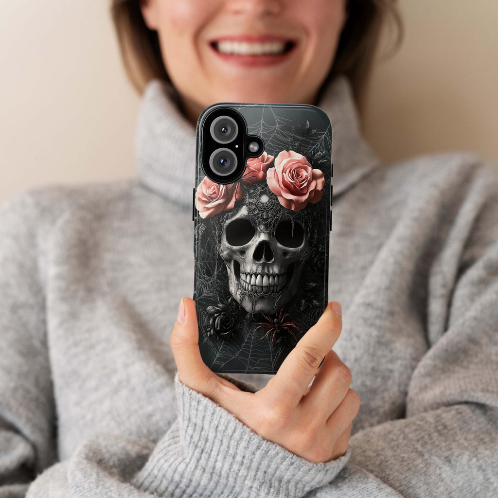 Dark Gothic Pink Roses & Skull Phone Case, Dark Fantasy Art Design, Spider Webs Phone Case for iPhone 16, Samsung S25, Pixel 9, 465.3