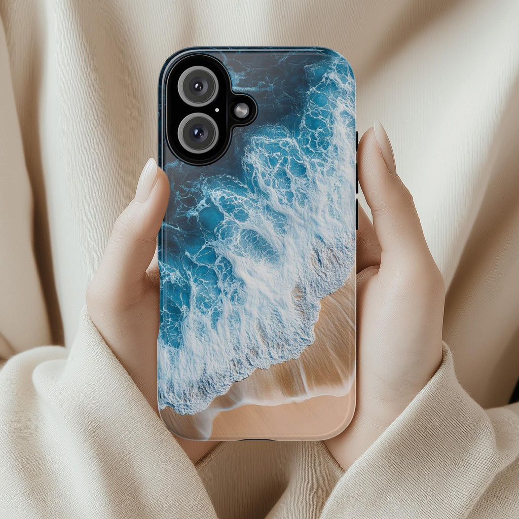 Ocean Wave & Beach Phone Case, Sea Foam and Sand Design, 3D Coastal Art Phone Case for iPhone 16 15 14 Magsafe, Samsung S25, 466.7