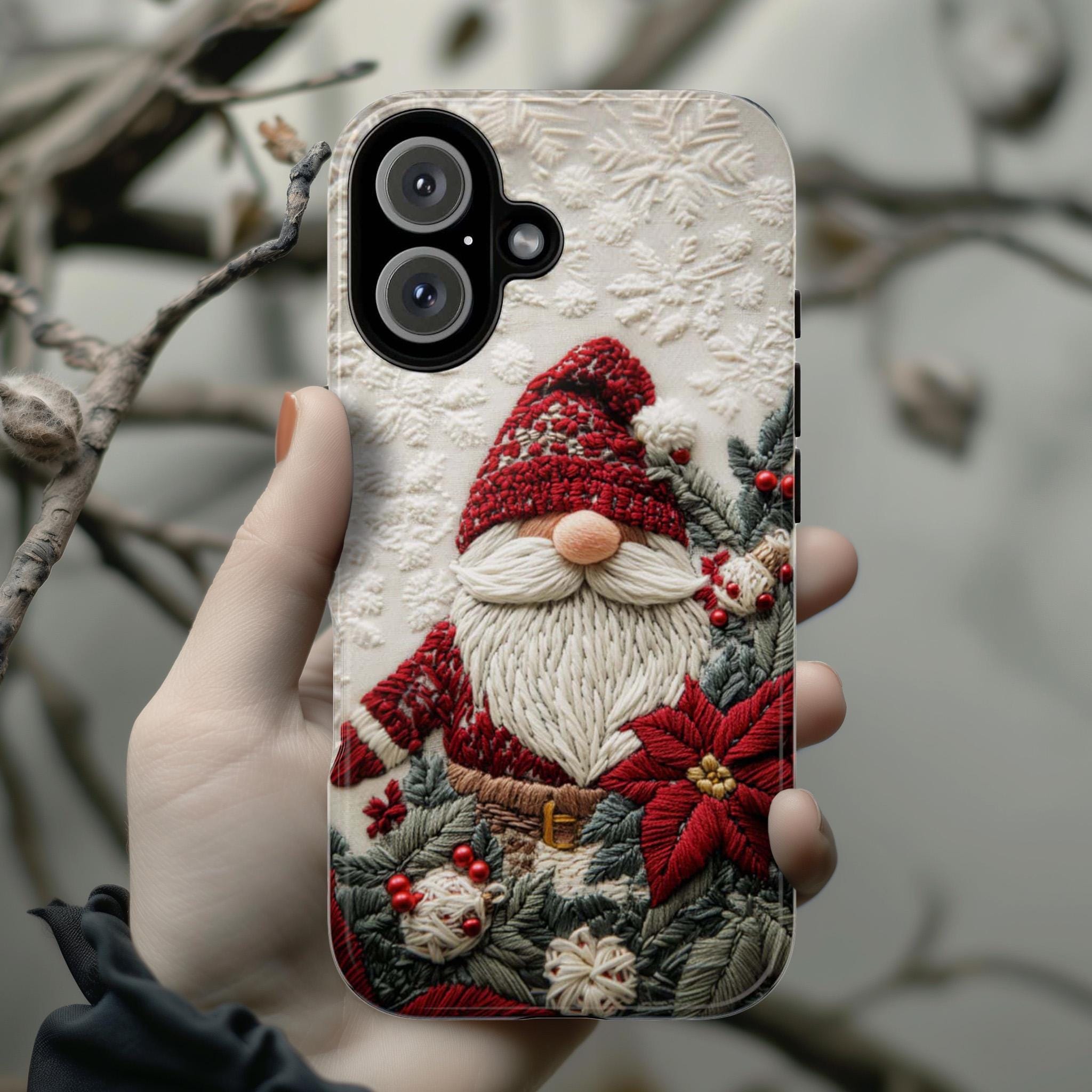 Christmas Gnome Phone Case, Poinsettia Florals Festive Holiday Gnome Design Snow Cover for iPhone 17 16 15 Tough or Magsafe, Samsung, 444.8