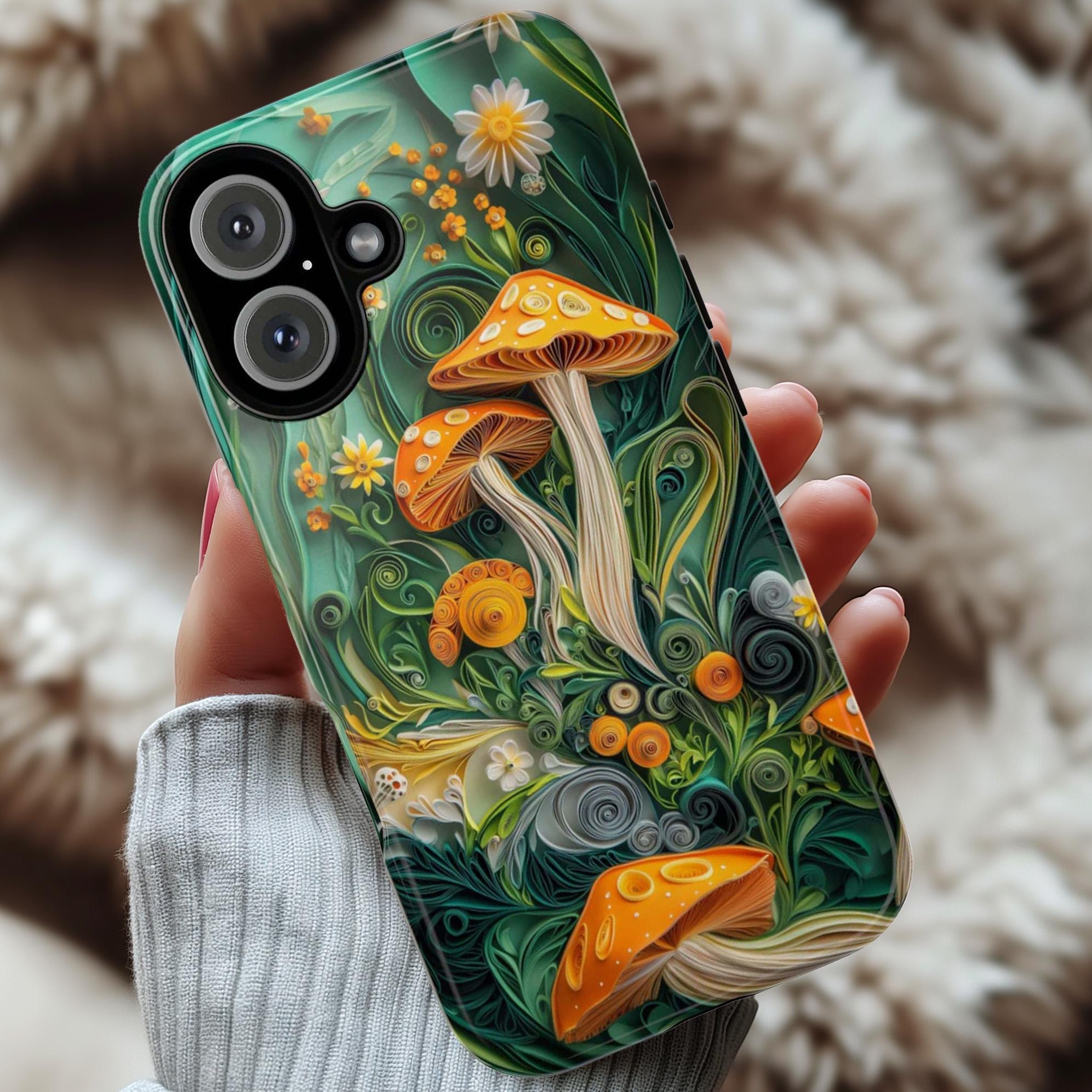 Colorful Forest Mushroom Phone Case with Paper Art Design, Woodland & Nature Lovers for iPhone 16 15 14 13 Tough or Magsafe, Samsung, 470.11