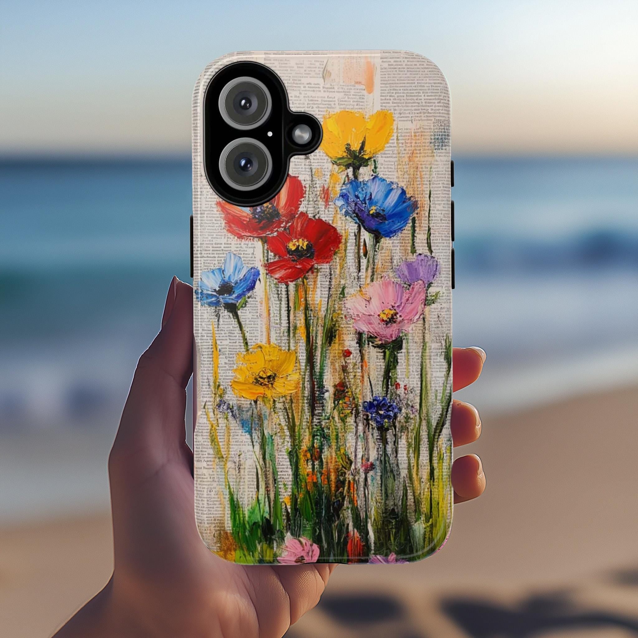 Rustic French Style Phone Case with Old Newspaper Background and Painted Floral Design for iPhone Tough or Magsafe, Samsung, 477.3