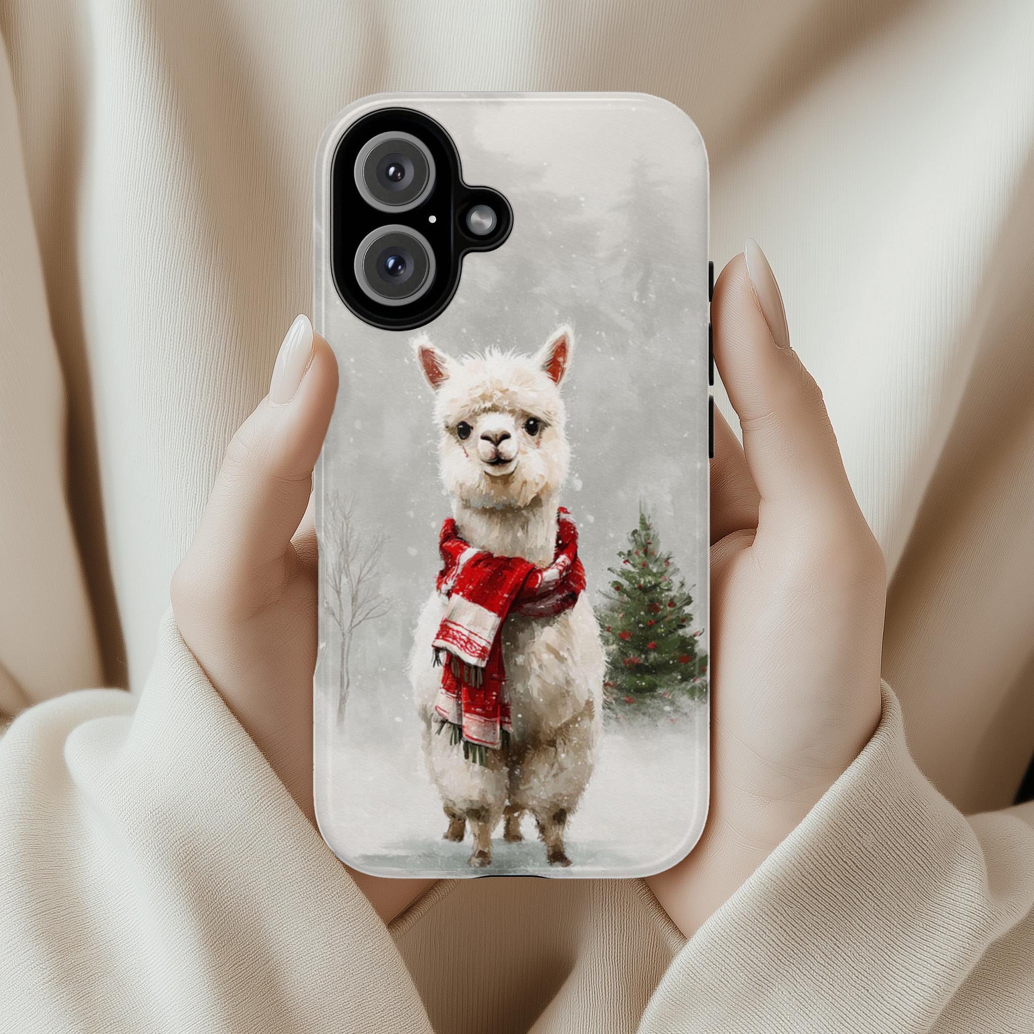 Cute Christmas Alpaca Phone Case with Snowy Winter Design, Funny  Animal Holiday Llama for iPhone 16 15 14 Tough or Magsafe, Samsung, 440.8