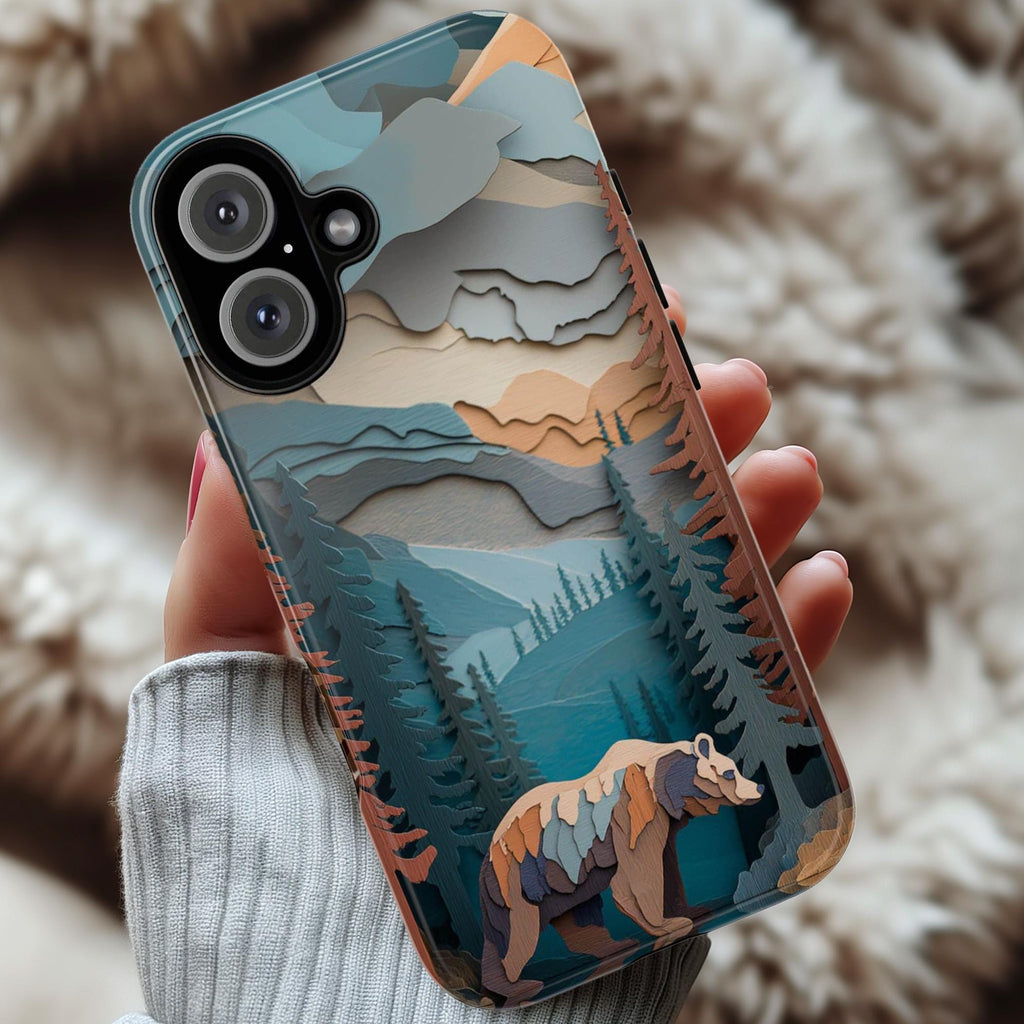 Forest Phone Case with Bear Design, Wildlife Woodland Art for Outdoor Lovers for iPhone 16 15 14 13 Tough or Magsafe, Samsung, 470.17