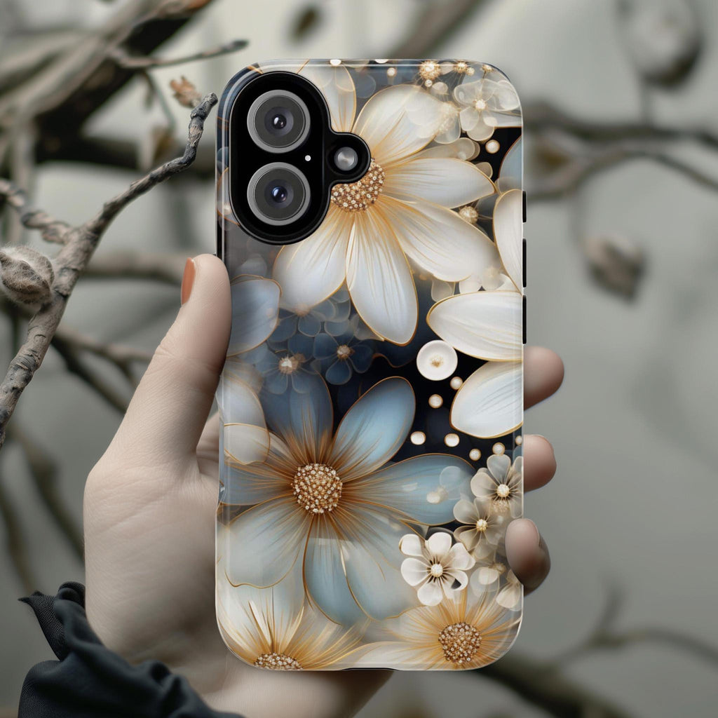 Daisy Flowers Stained Glass Phone Case, Gold & White Floral, Aesthetic Art Floral Cover for iPhone 16 Magsafe, Galaxy S25 Pixel 9, 333.1