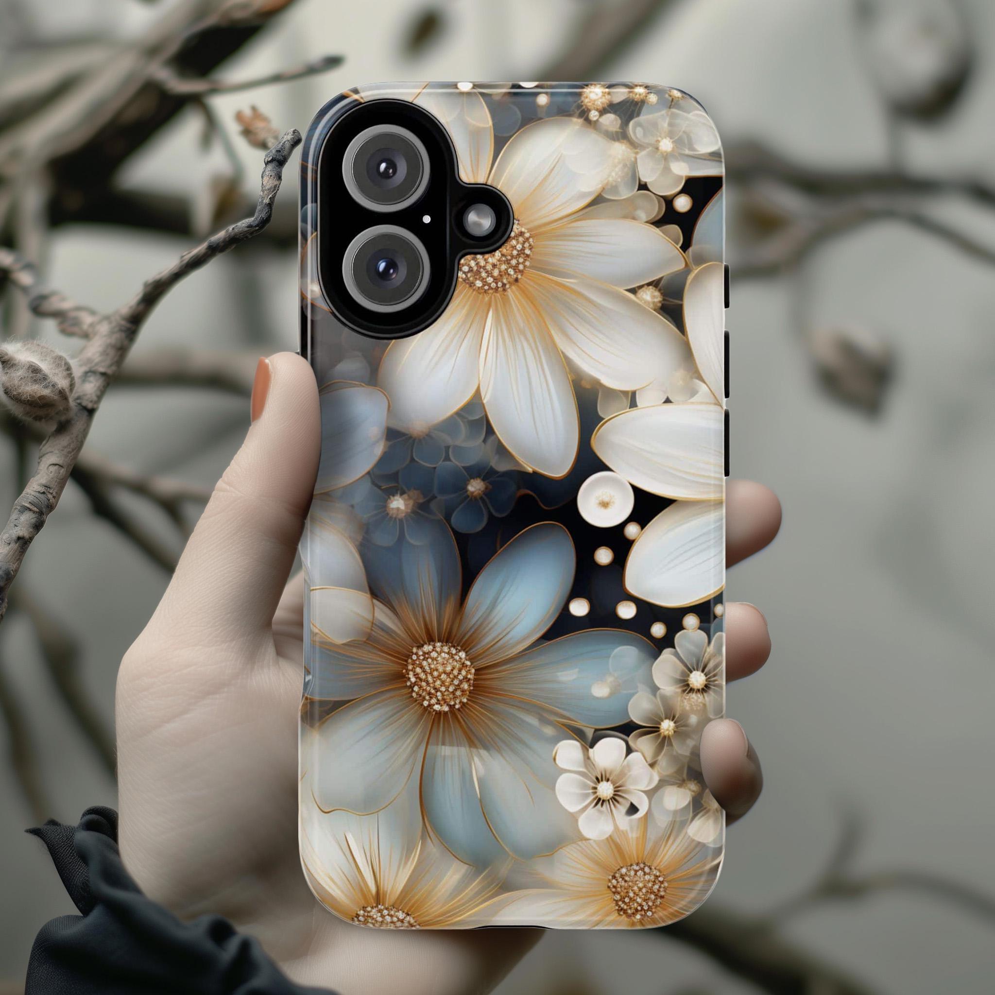 Daisy Flowers Stained Glass Phone Case, Gold & White Floral, Aesthetic Art Floral Cover for iPhone 16 Magsafe, Galaxy S25 Pixel 9, 333.1
