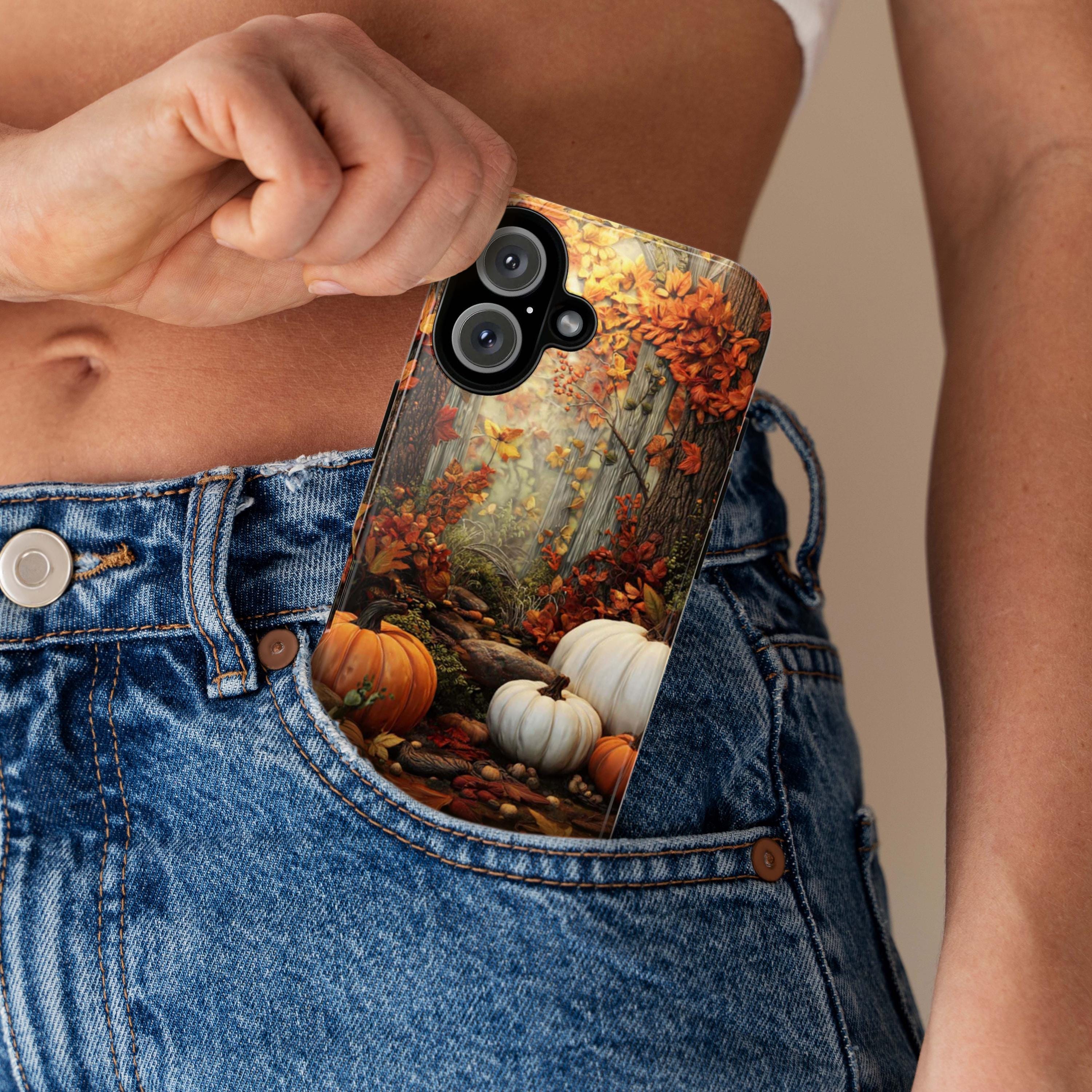 Autumn Forest Pumpkin Phone Case with Fall Leaves Design, Thanksgiving Phone Cover for iPhone 16 15 Tough or Magsafe, Samsung, 475.23