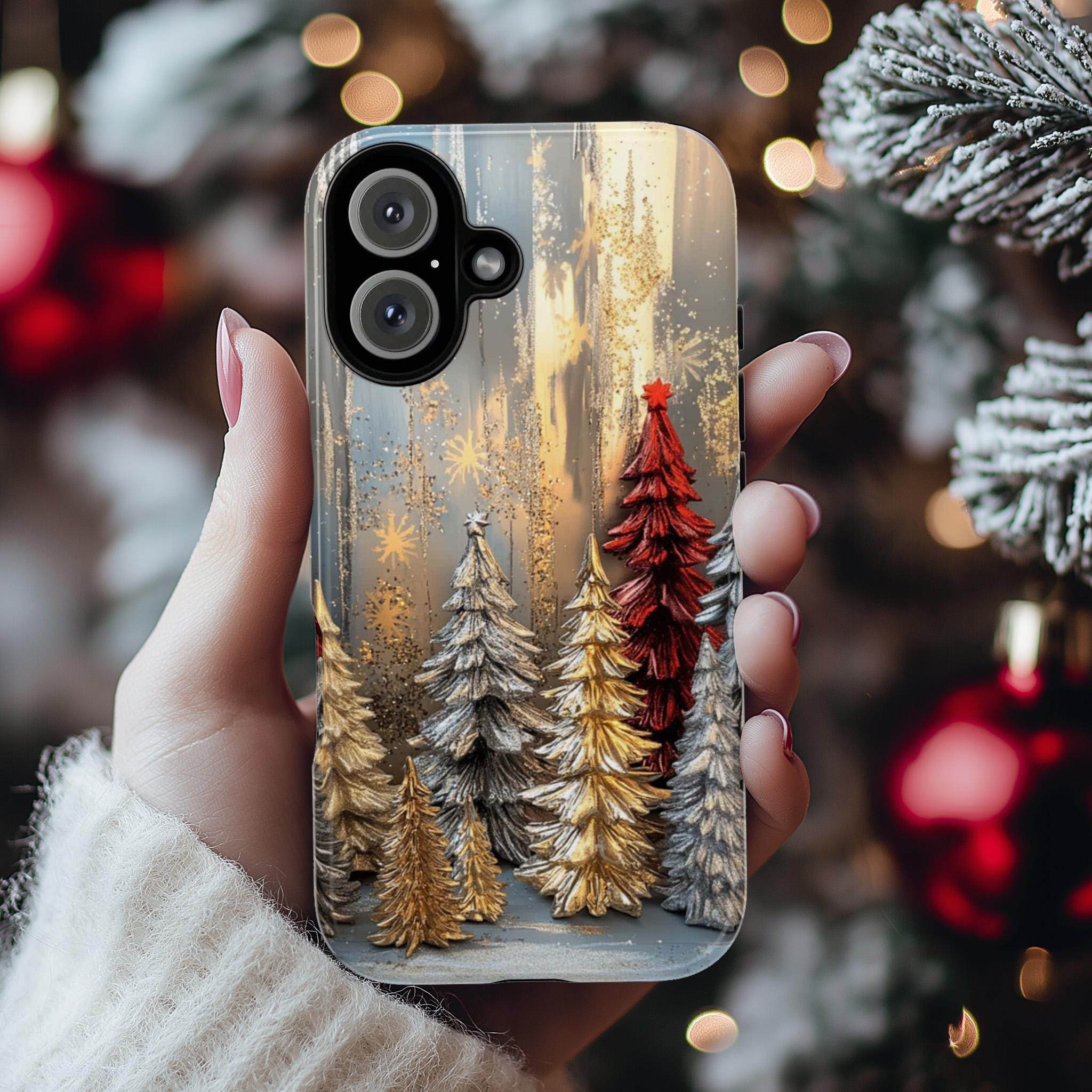 Cozy Christmas 3D Glitter effect Phone Case, Gold Silver Xmas Pine Tree MagSafe for iPhone 16 15 14 13 Pro Max Plus, Samsung S25, 437.1