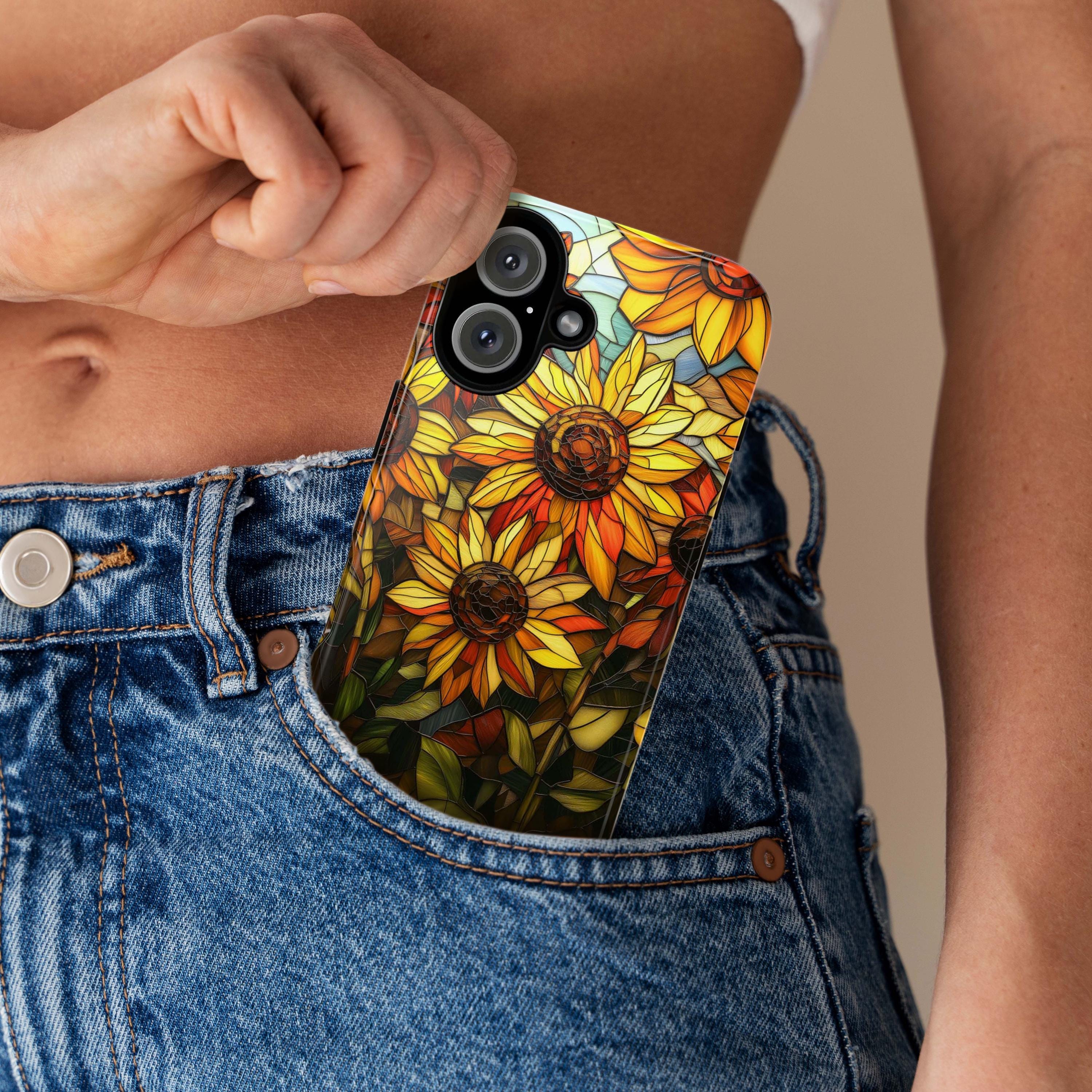 Stained Glass Vibrant Sunflowers Phone Case, Sunflower Field Phone Cover for iPhone 16 15 14 13 Pro Magsafe Samsung Galaxy S24, 418.18