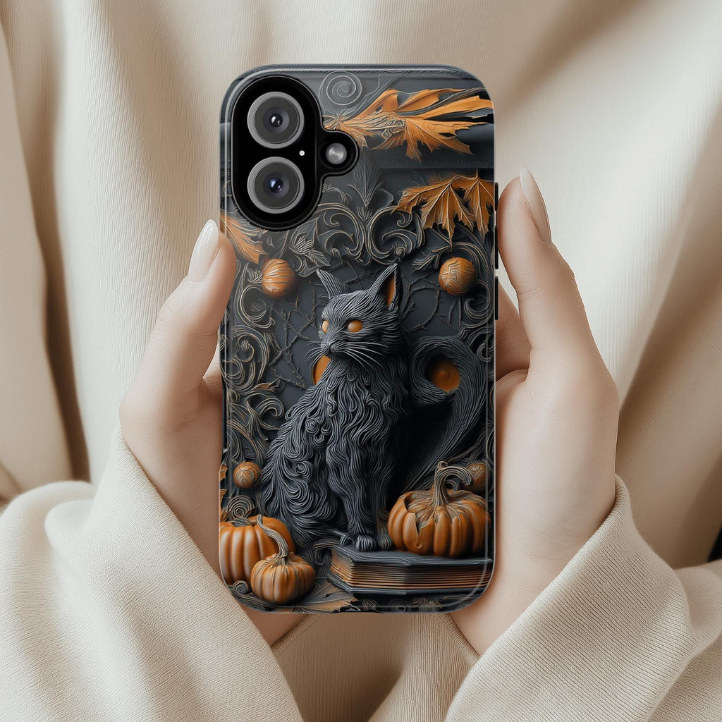 Black Cat & Pumpkin Phone Case, Halloween Fantasy Gothic Design, Spooky Artistic for iPhone 16 15 14 Tough or Magsafe, Samsung, 475.19