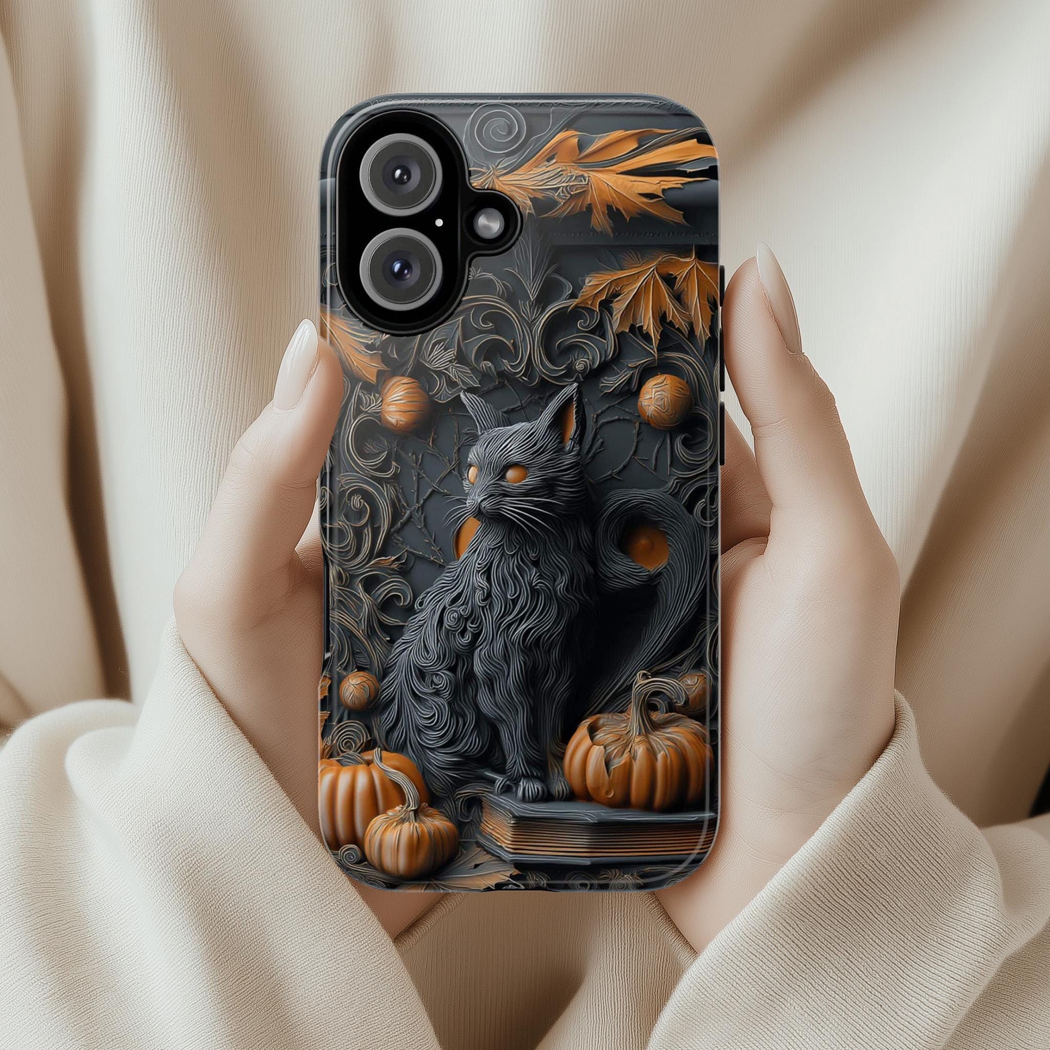 Black Cat & Pumpkin Phone Case, Halloween Fantasy Gothic Design, Spooky Artistic for iPhone 16 15 14 Tough or Magsafe, Samsung, 475.19