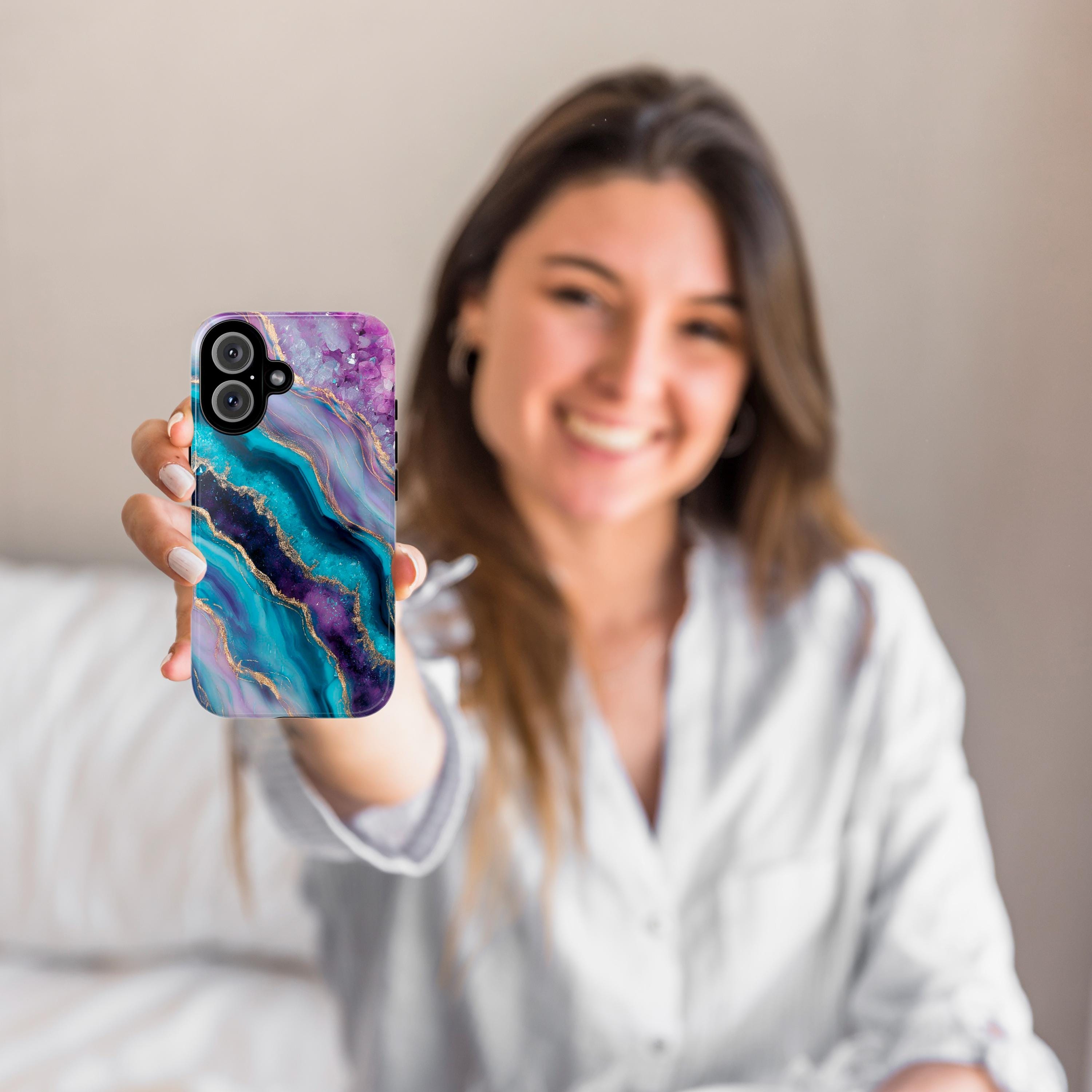 Crystal Wave Phone Case, Artistic Blue, Emerald & Pink Abstract Design Cover for iPhone 16 15 14 13 Tough or Magsafe, Samsung, 479.1