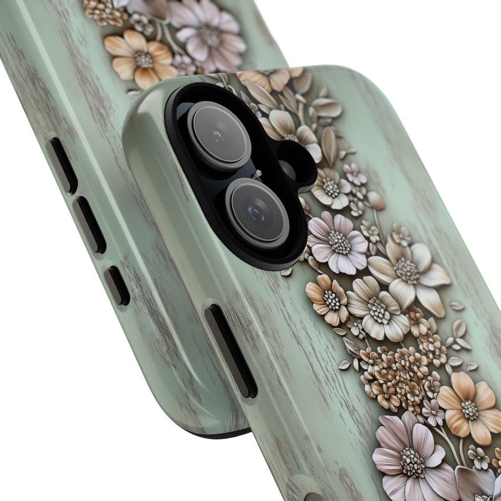 3D Rustic Beige Floral Phone Case, Pastel Artistic Wood Carved Look Design for iPhone 16 15 14 13 Tough or Magsafe, Samsung S24, 439.15