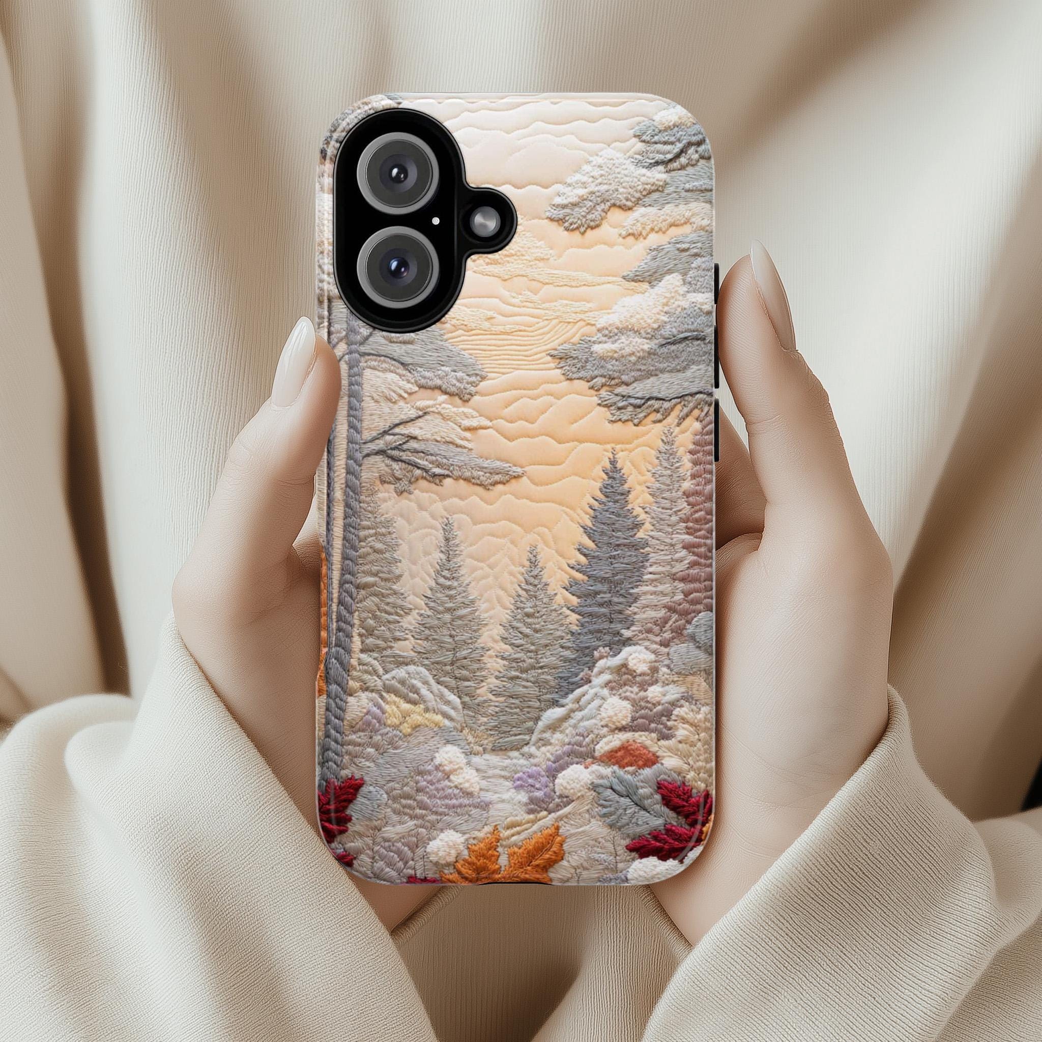 Winter Landscape Patchwork MagSafe Phone Case, Cozy Snowy Design with Winter Forest & Sunset Case for iPhone 16 15 14 13, Samsung S24, 453.8