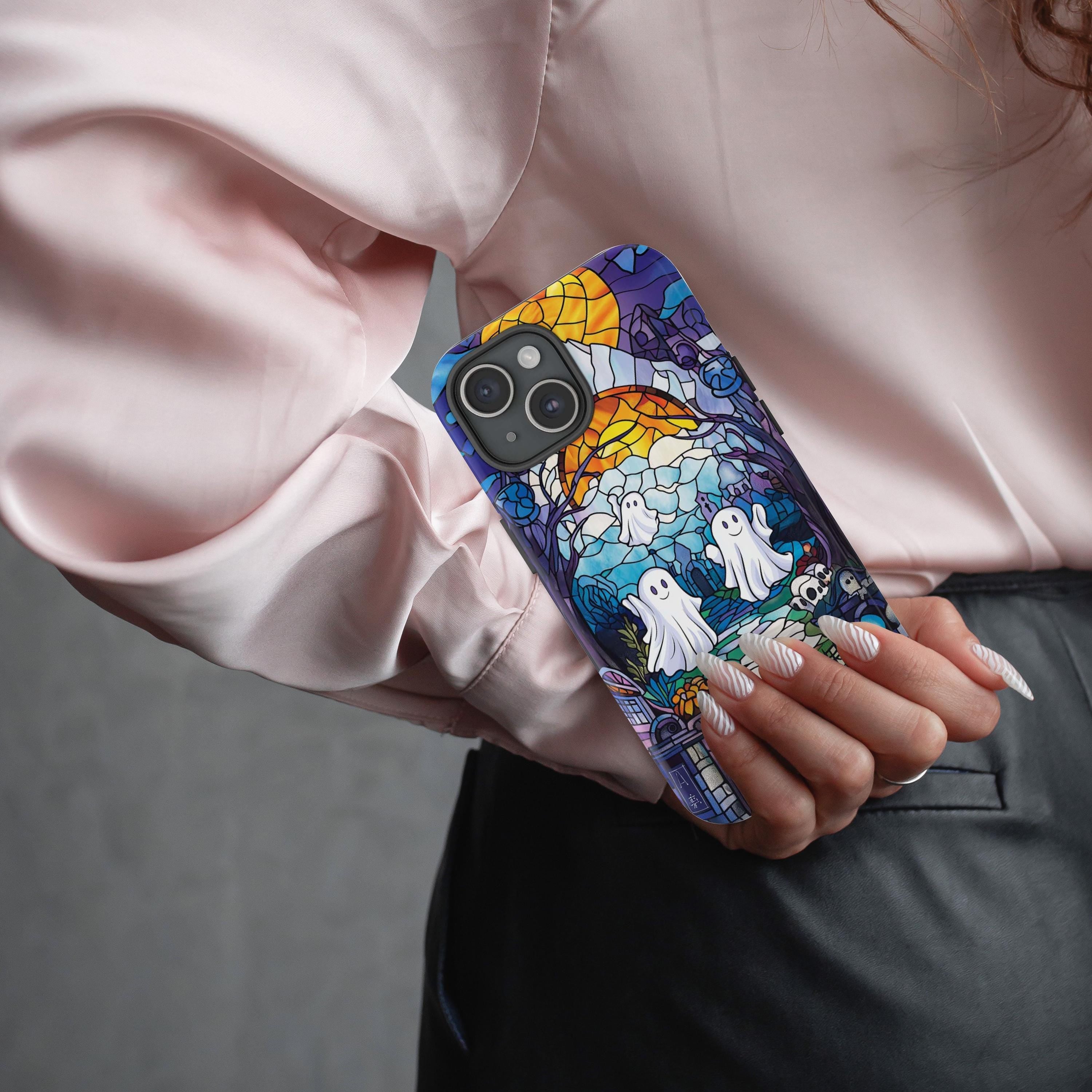 Halloween Phone Case Witchy Ghost Stained Glass Cover Spooky Phone Case for iPhone 16 15 14 13 12 11 Pixel 5 6 7 8 Galaxy S 24 23 22 21 20