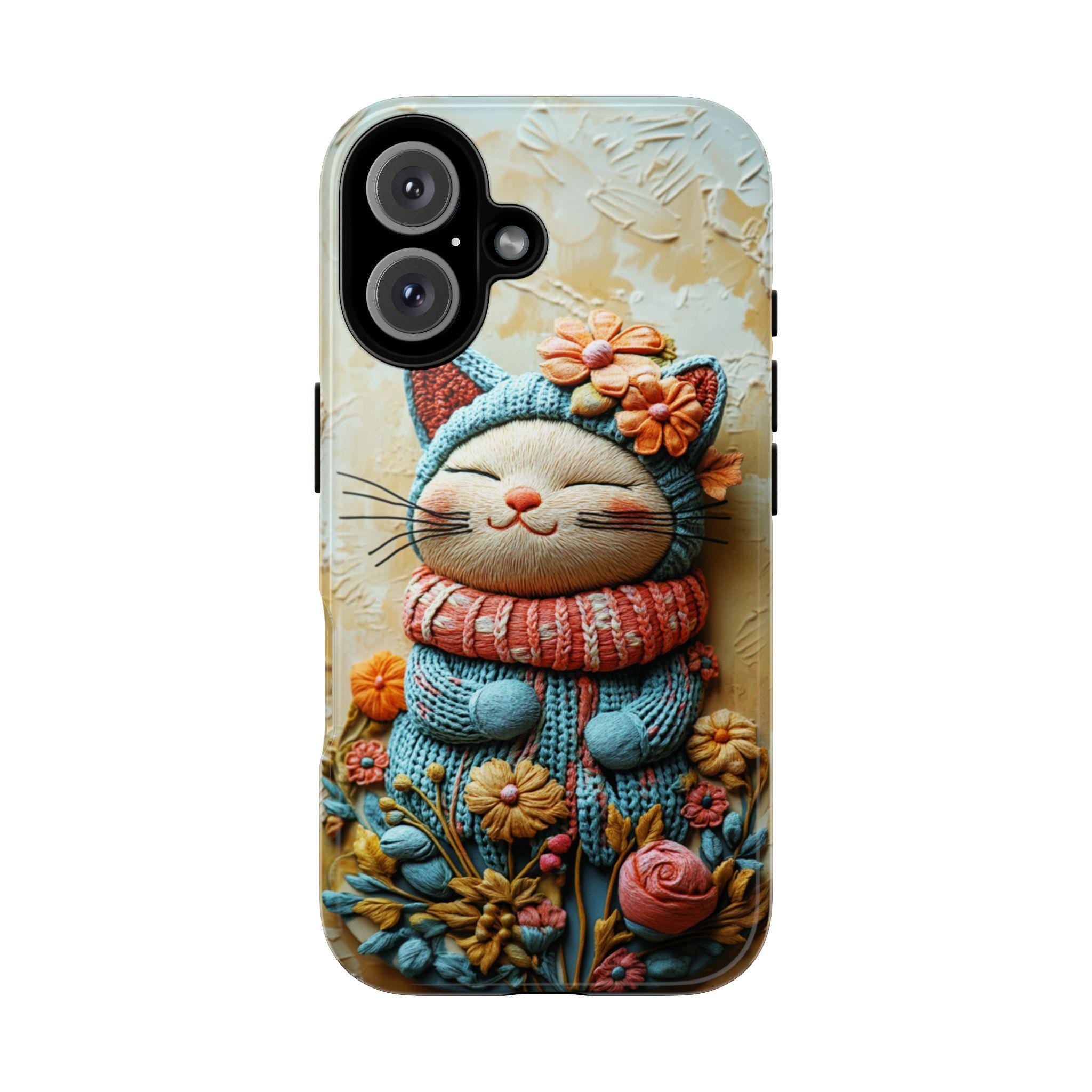 Knitted Colorful Cat & Flowers Phone - 3D effect Phone cover - Cat Lover Case for iPhone 16 15 14 13 Magsafe Plus, Samsung S24, 449.1