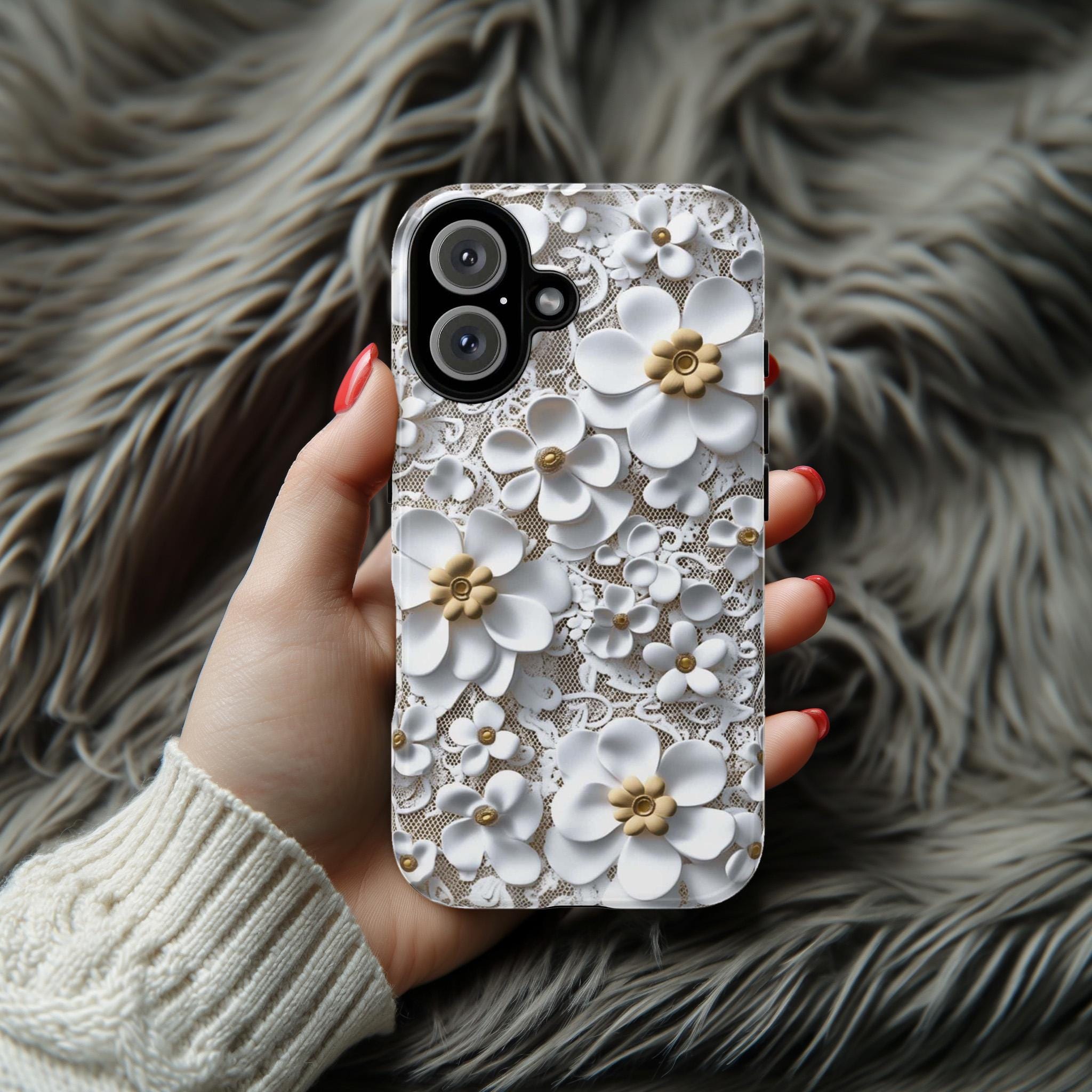 3D Effect Floral Lace Phone Case, Elegant Wedding Cover for Bride or Bridesmaid, Bridal Party Gift iPhone Tough or Magsafe, Samsung, 439.78