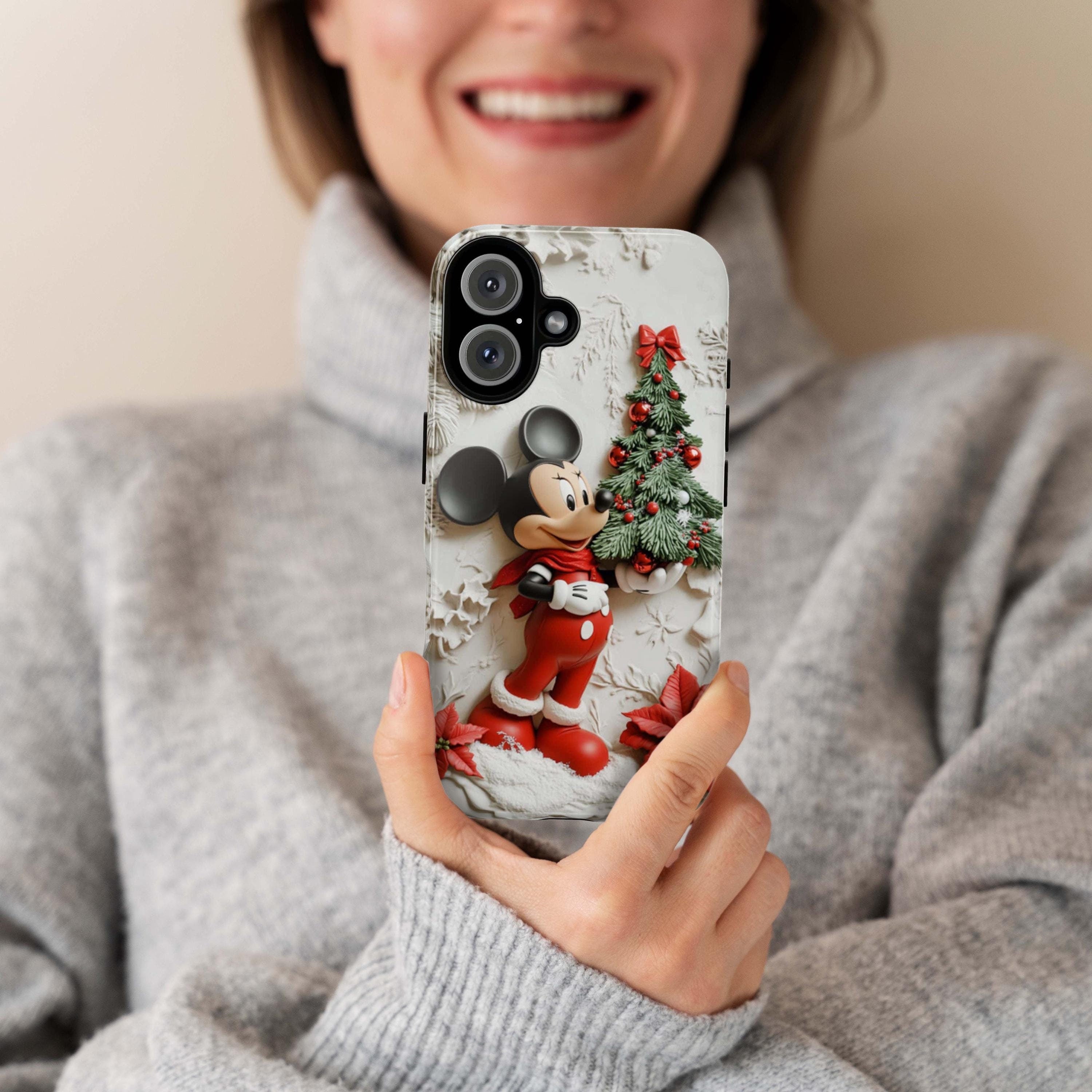 Santa Mickey Mouse 3D effect Phone Case, Cartoon Xmas Design, Mickey Christmas Tree Phone Case for iPhone 16 15 Magsafe, Samsung S24, 442.11