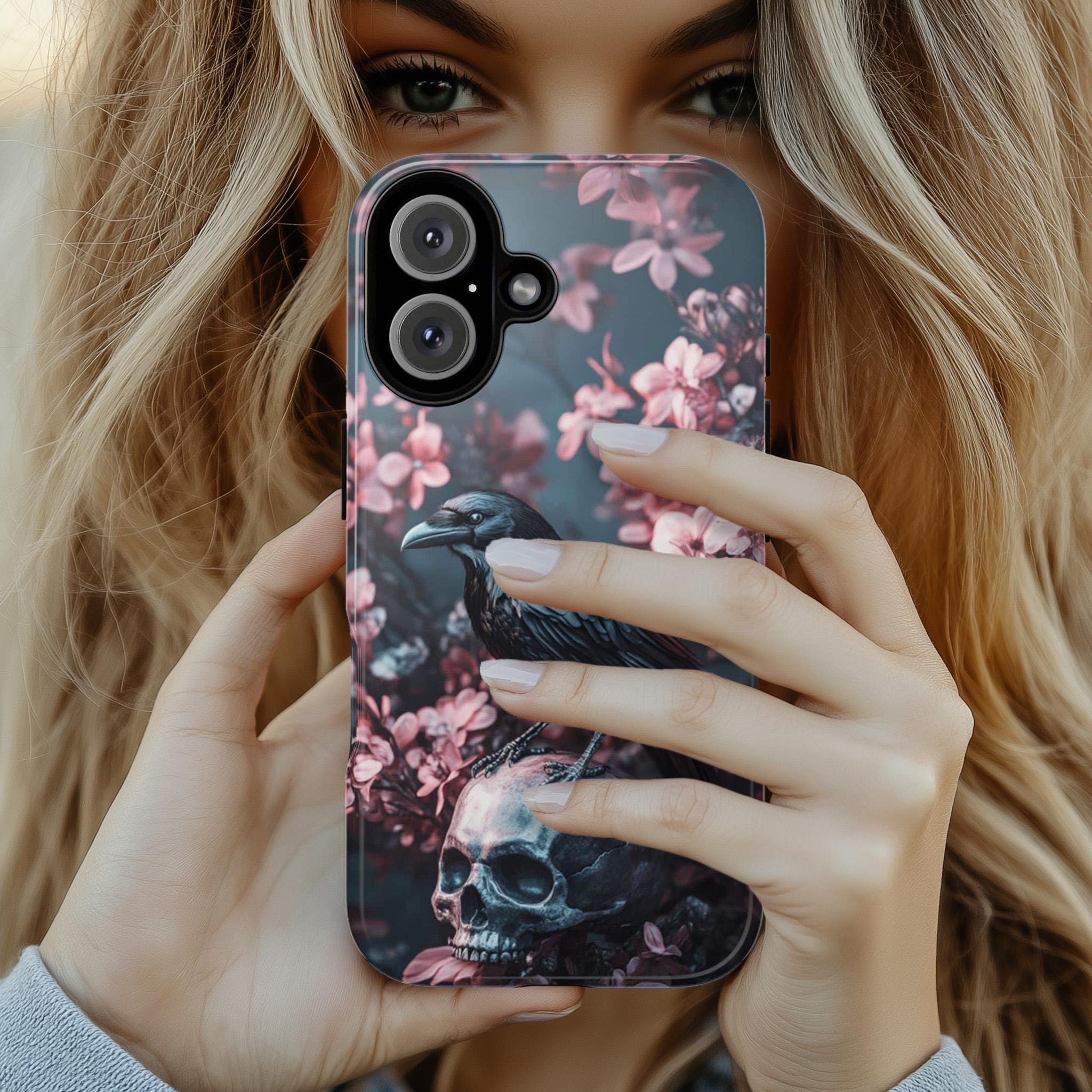Dark Gothic Raven and Skull Phone Case, Pink Floral Design Phone Case for iPhone 16,15 Magsafe, Samsung Galaxy S25, Pixel 9, 422.11