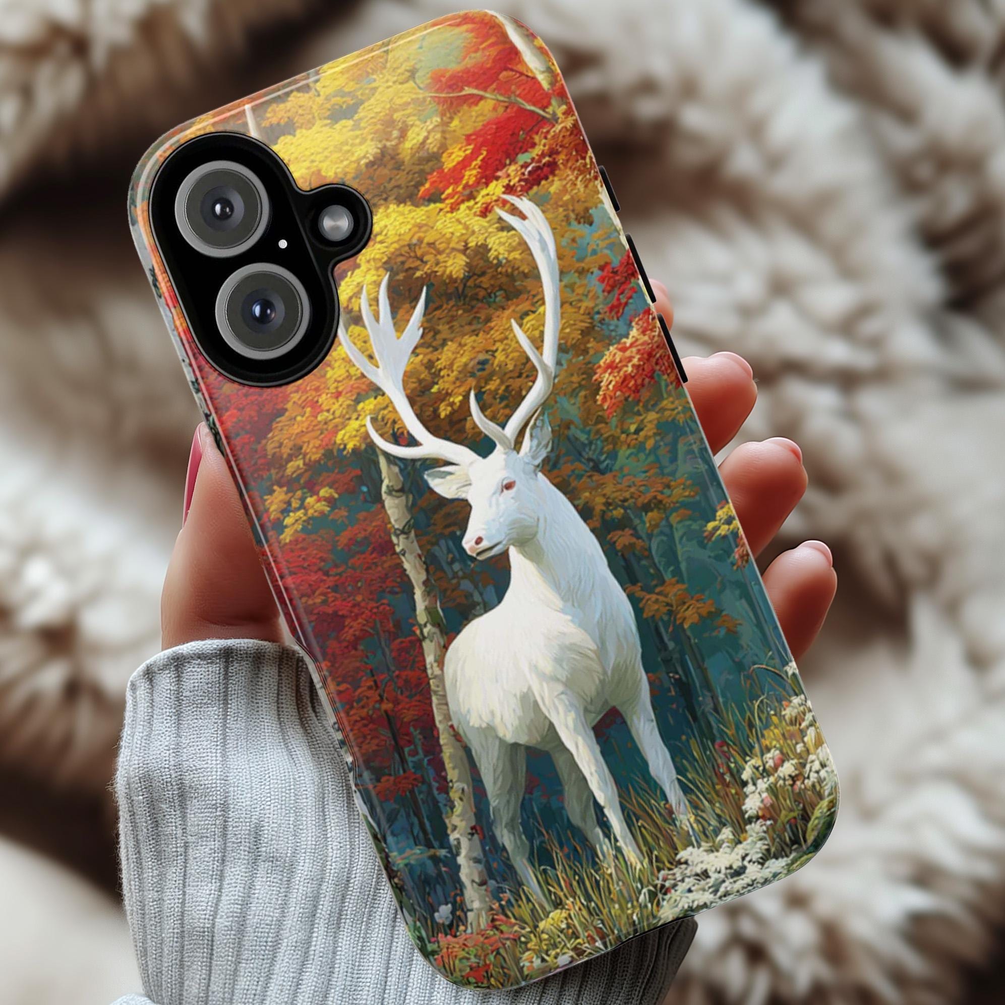 Fall Forest Phone Case with Deer and Vibrant Autumn Leaves, Nature Cozy Autumn Phone Case for iPhone 16 15 Tough or Magsafe, Samsung, 480.1