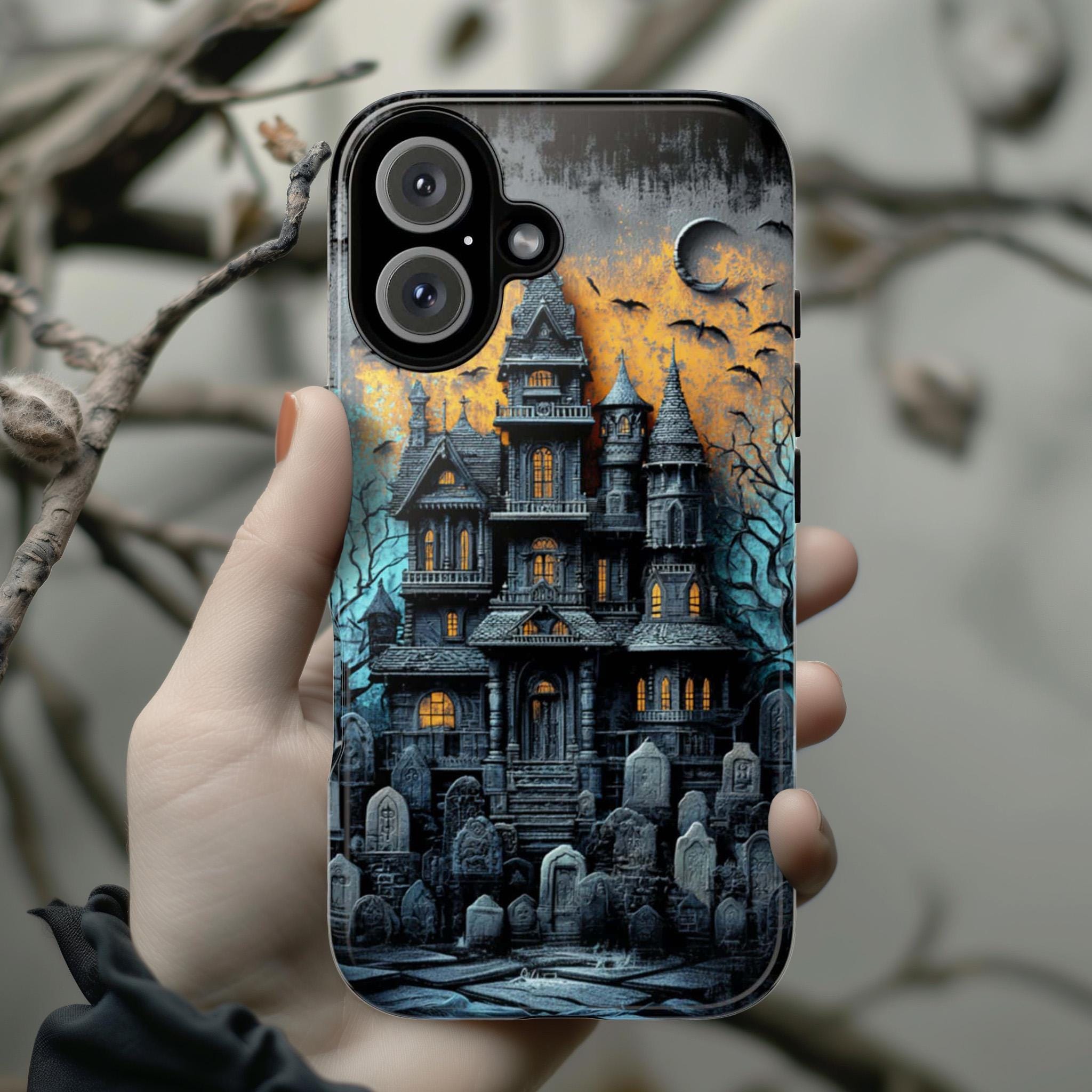 Halloween Haunted House Phone Case, Creepy Gothic Horror Phone Cover, Spooky Lovers for iPhone 16 15 14 13 Tough or Magsafe, Samsung, 475.8