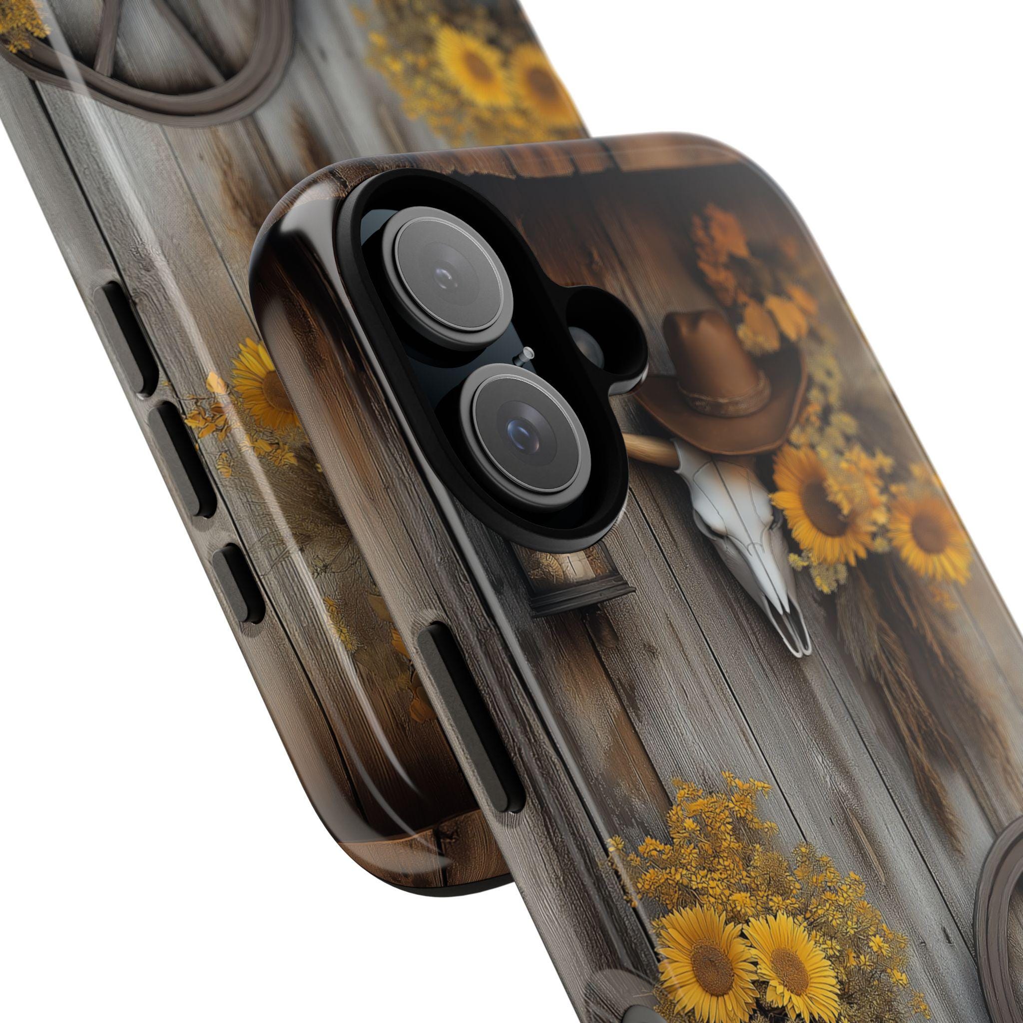 Rustic Western Style Phone Case, Sunflower Phone Case, Cow Skull Vintage Farmhouse Phone 16 15 14 13 Pro Max Plus, Samsung S24, 460.1