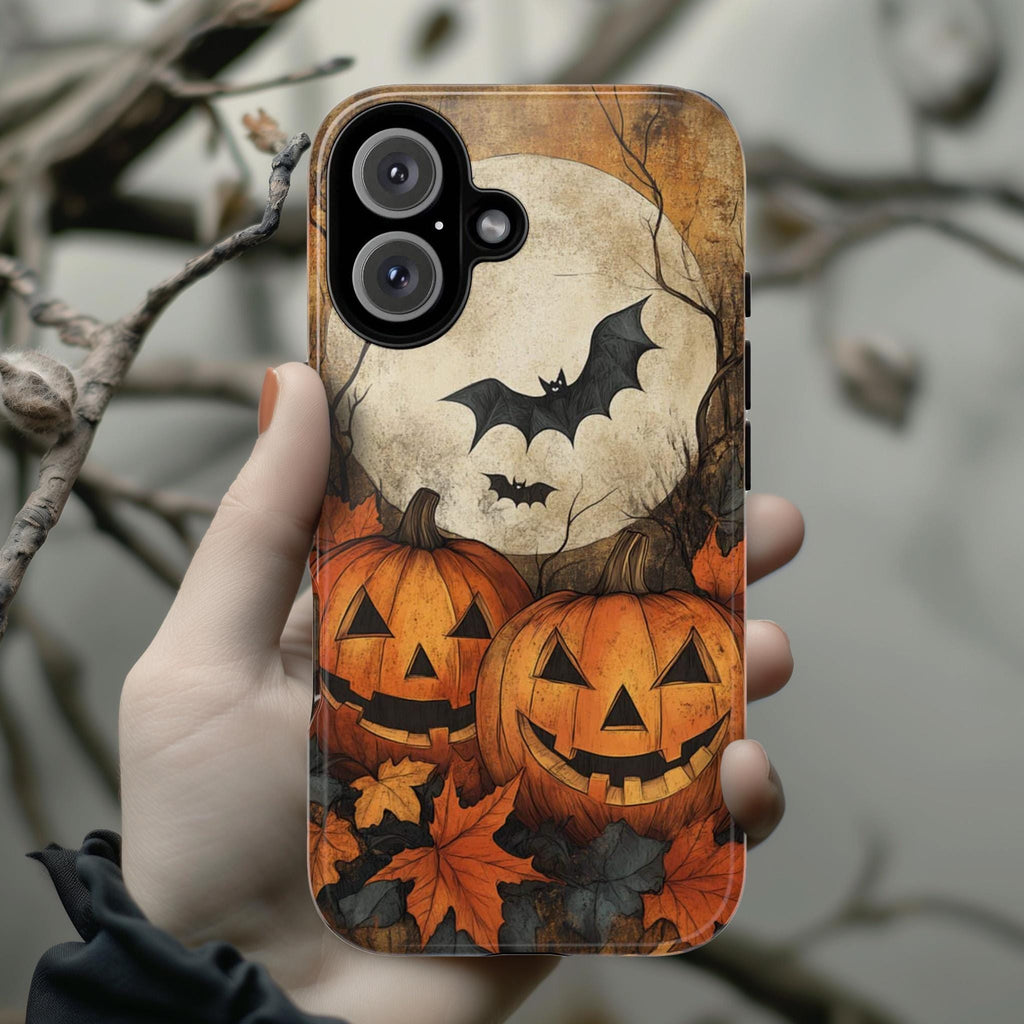 Halloween Autumn Phone Case, Pumpkins Bats & Moon, Spooky Seasonal Cover in Artistic Fall Style for iPhone Tough or Magsafe, Samsung, 475.2